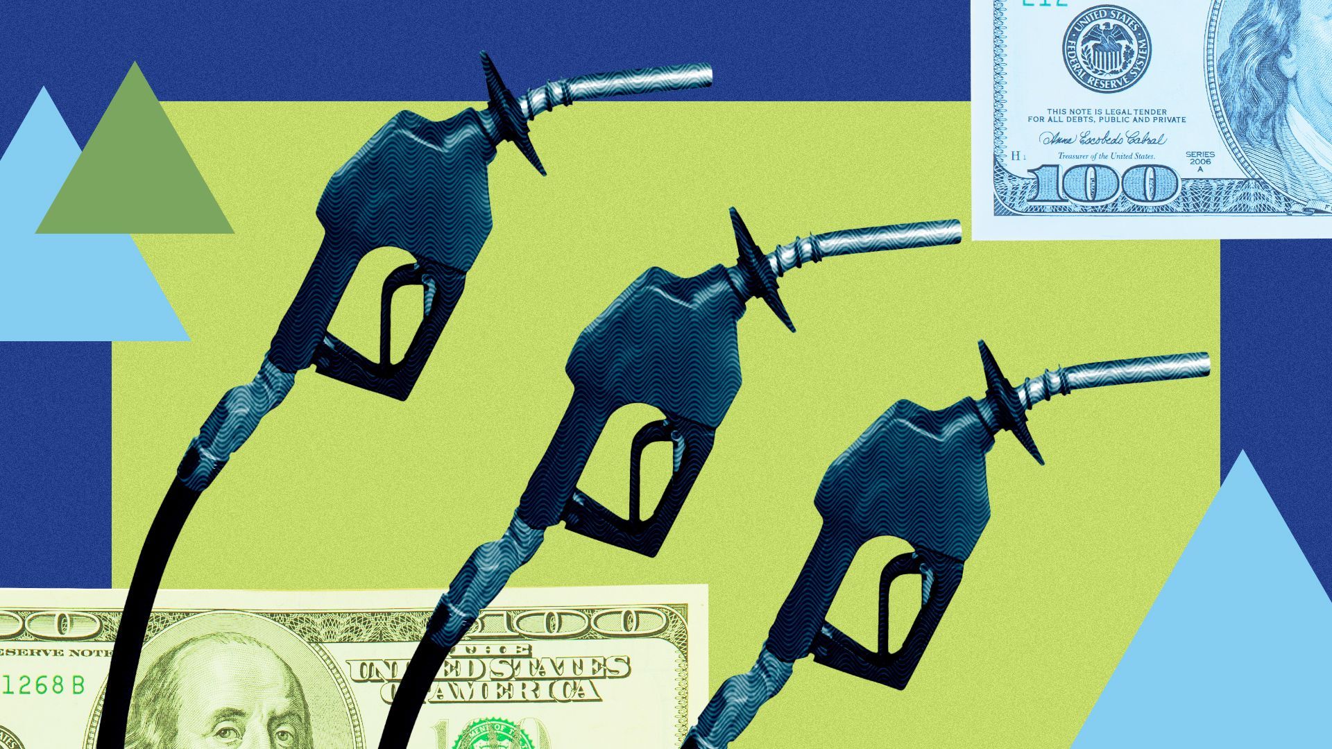 Illustration of 3 gas nozzles surrounded by money elements and abstract shapes.