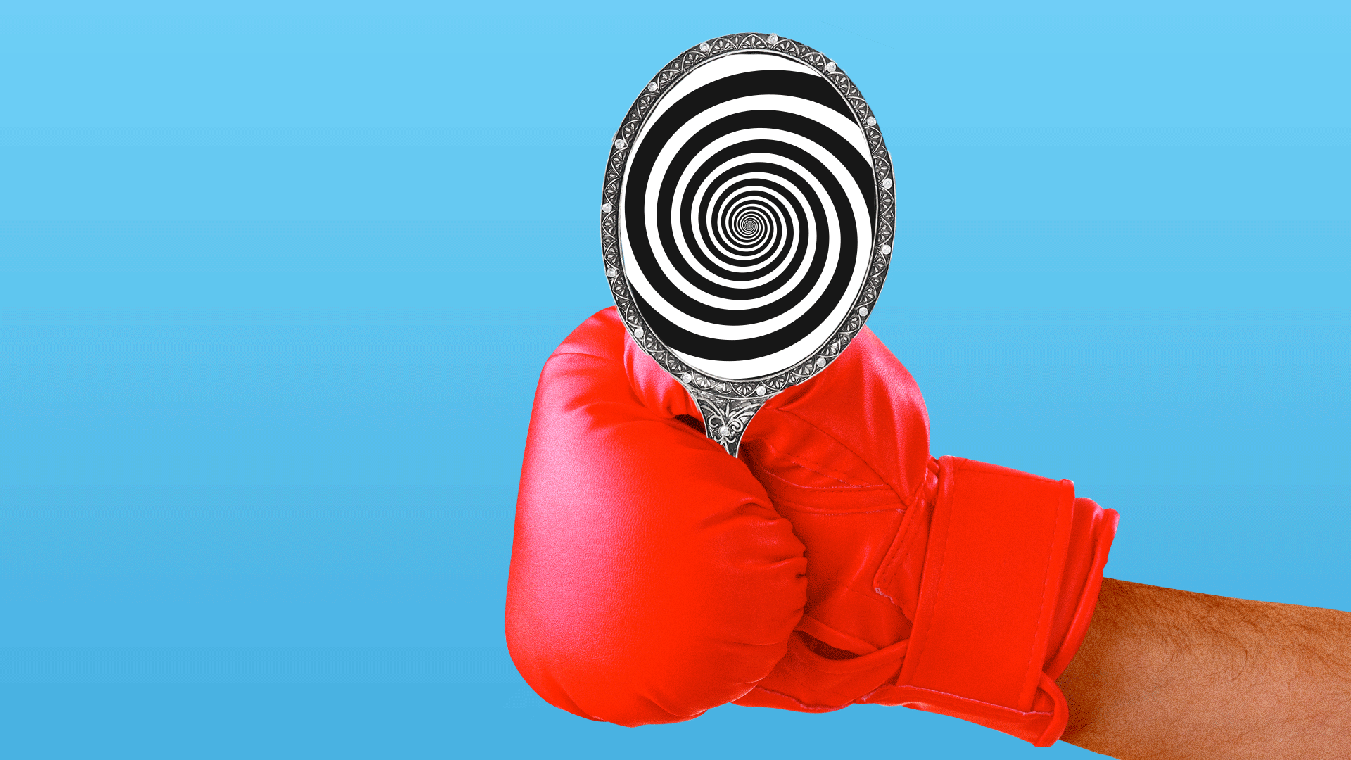 Animated illustration of a boxing gloved hand holding a mirror showing a swirling vortex
