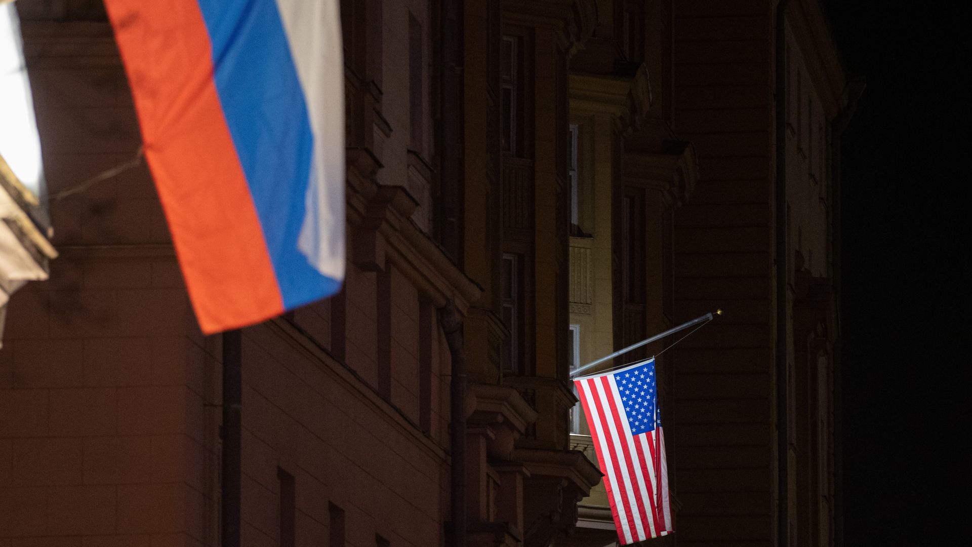 Photo taken on March 24, 2022 shows the U.S. national flag R on the U.S. Embassy building in Moscow, Russia