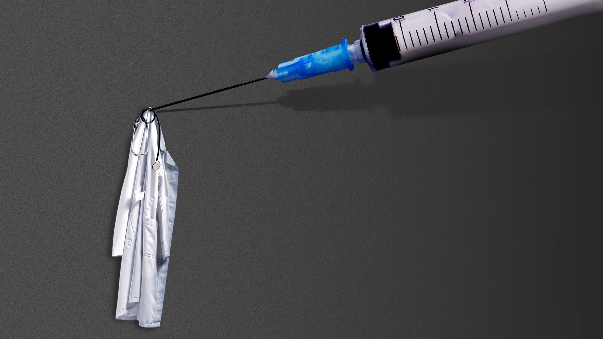 Illustration of a giant syringe pinning a white doctor's coat to a wall. 