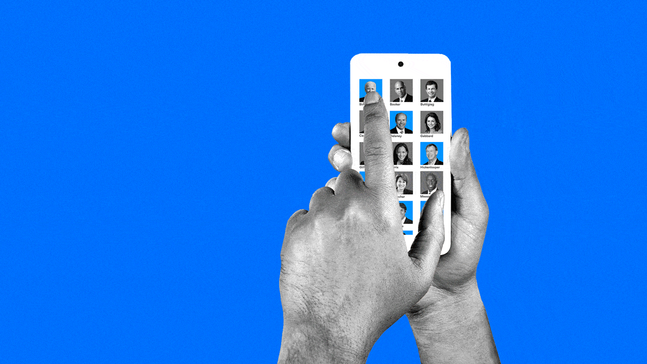 Animated illustration of a a person browsing through 2020 candidate selections on a mobile phone