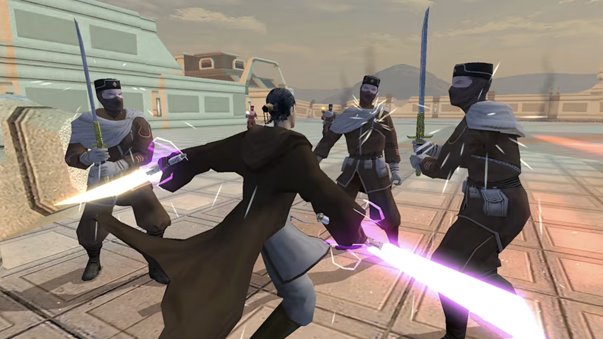 Video game screenshot of a Star Wars warrior in brown robes swinging purple lightsabers