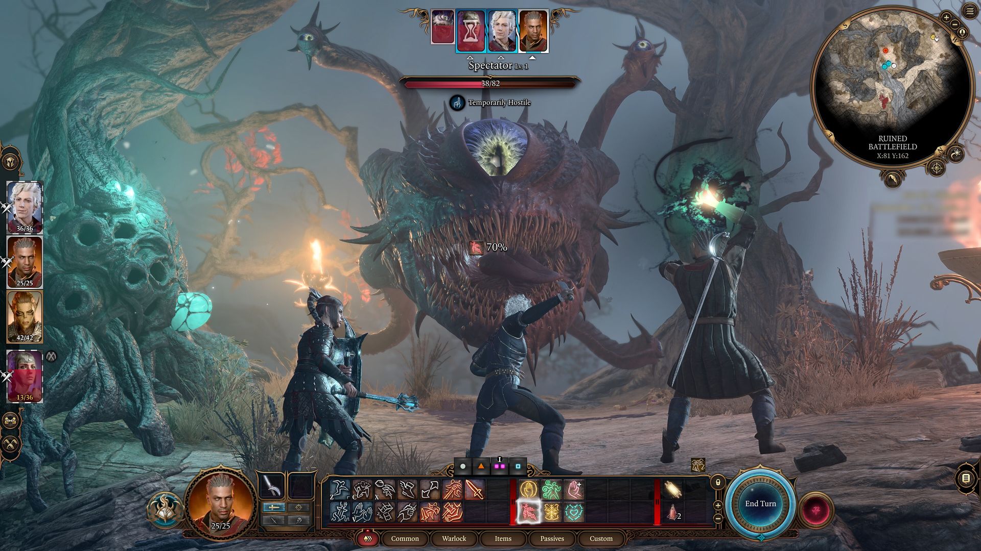 Video game screenshot of three fantasy warriors facing down a spherical monster with a single giant eyeball