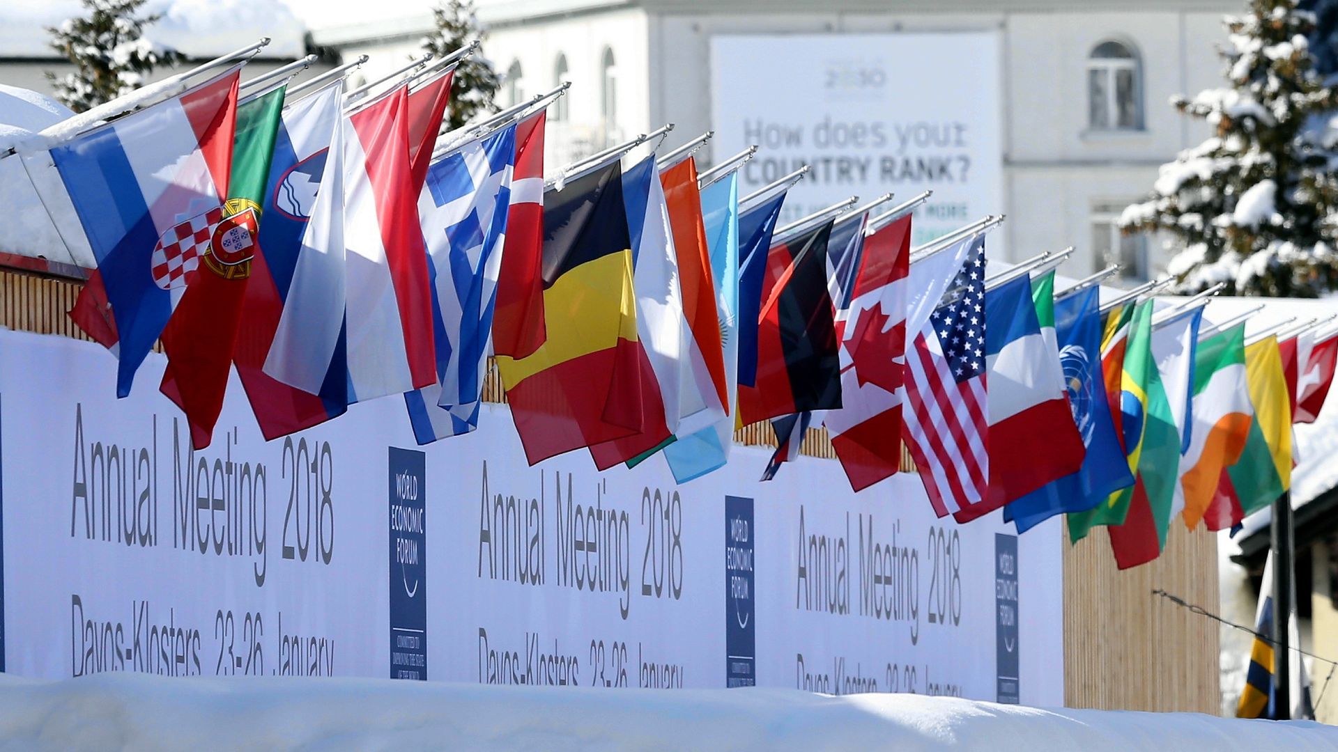 Line of flags for countries attending the 2018 World Economic Forum in Davos, Switzerland