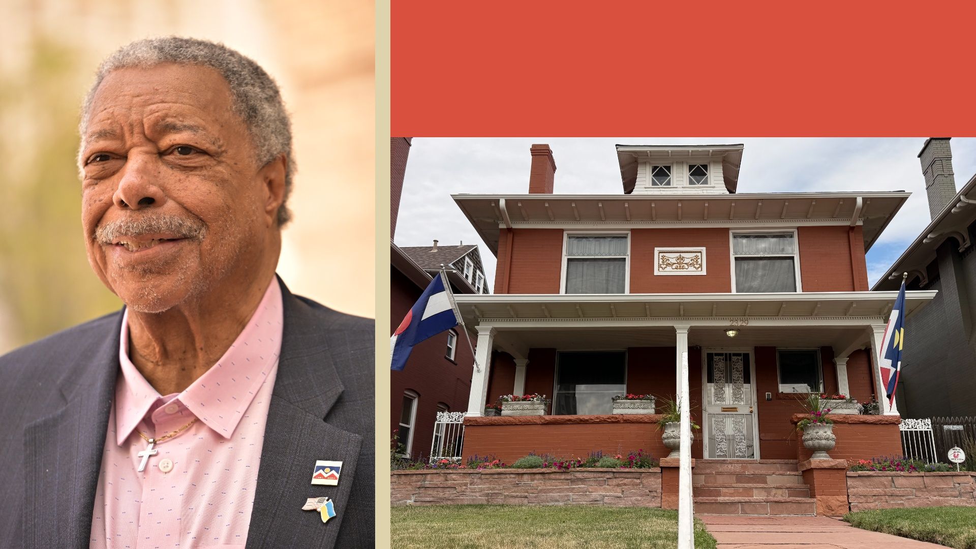 Split image: left shows an older man with gray hair and a pink shirt under a dark blazer; right shows a two-story red-brick house with a front porch, flowers, and flags beneath a red header bar.