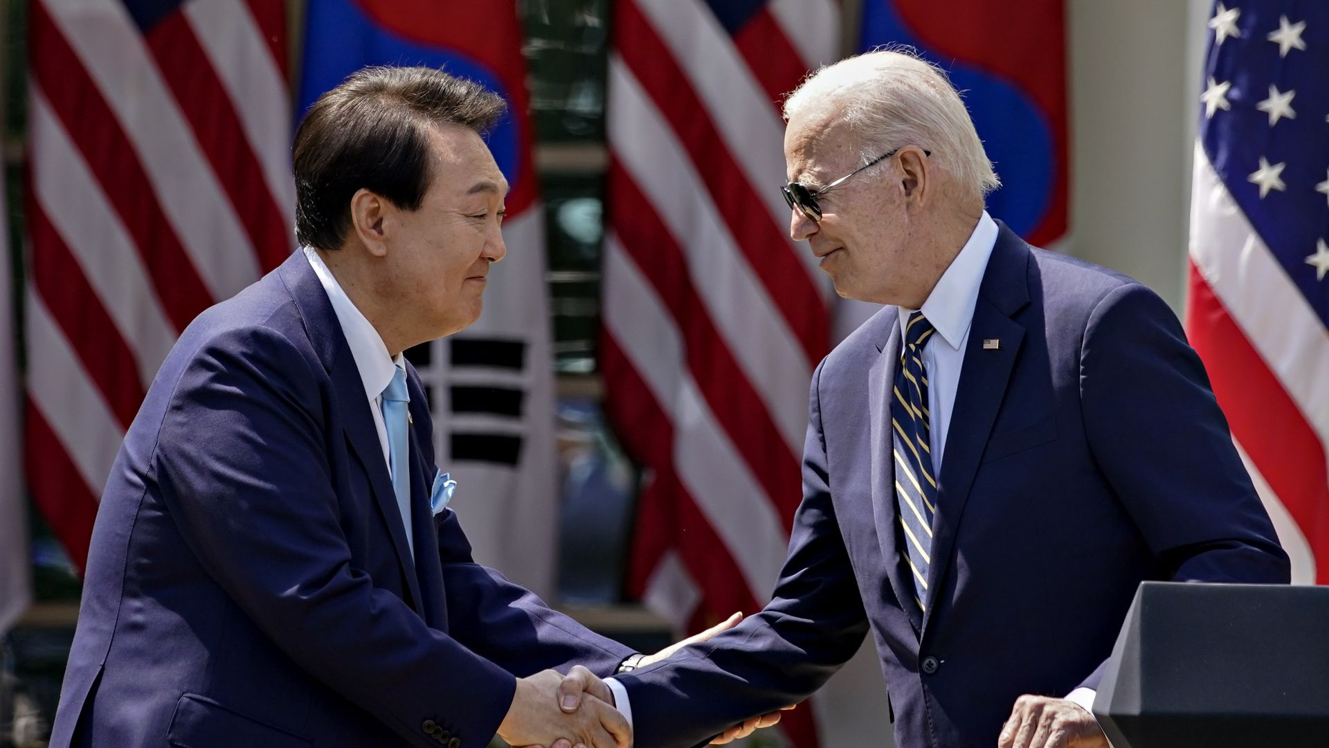 President Biden and South Korean President Yoon Suk Yeol participate in a news conference at the White House in April. Photo: Jim Watson/AFP via Getty Images