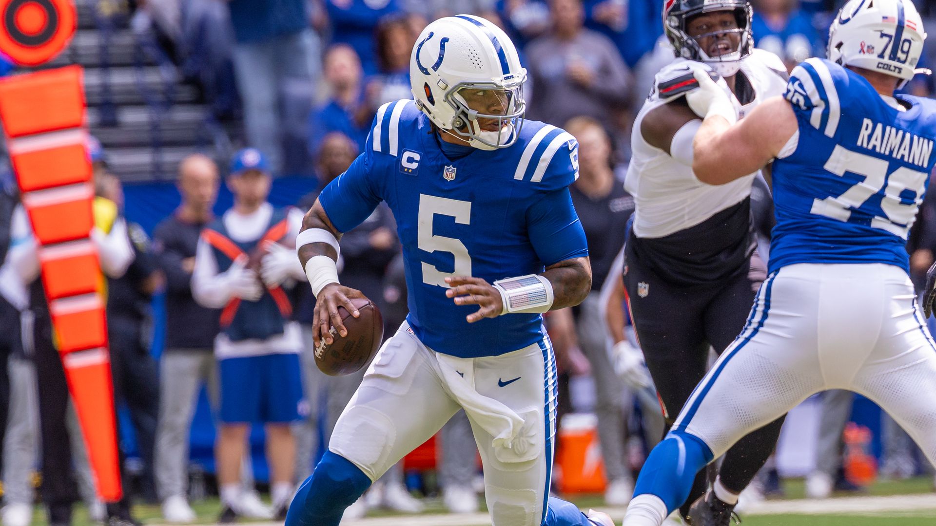Anthony Richardson #5 of the Indianapolis Colts rolls out to pass during the game against the Houston Texans at Lucas Oil Stadium on September 8, 2024 in Indianapolis, Indiana