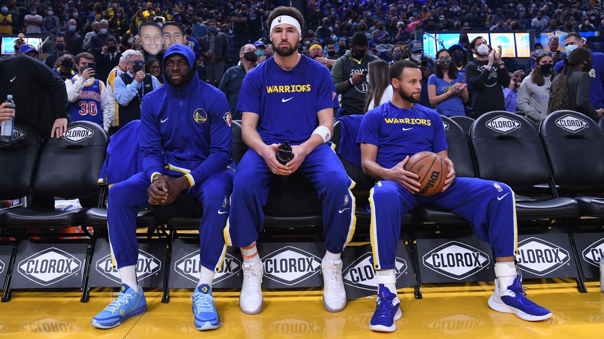 Draymond Green, Klay Thompson and Steph Curry