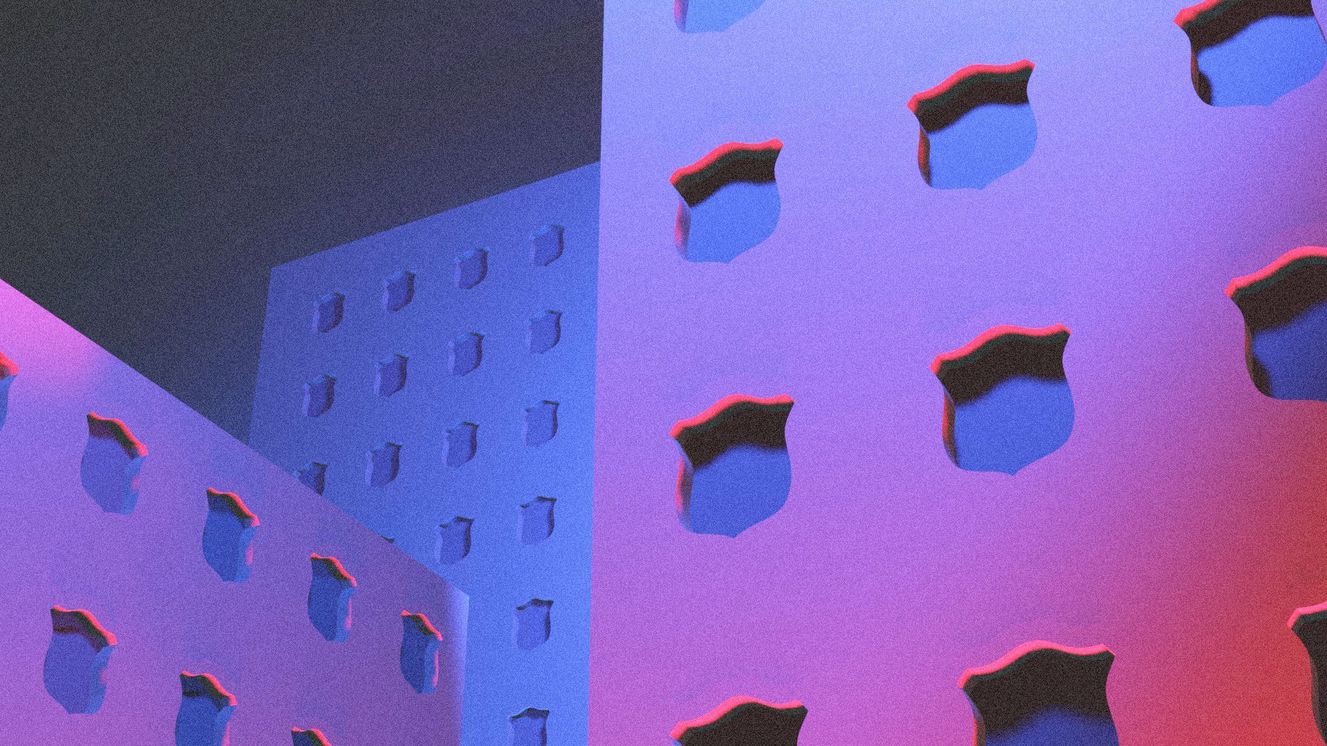 Illustration of a cityscape with buildings that have police badge-shaped windows.
