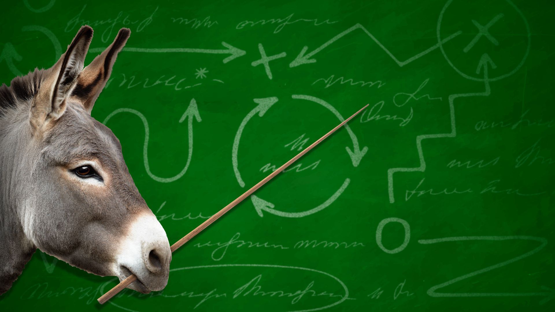 Illustration of a donkey holding a teacher's stick, pointing at a background full of complicated diagrams and text. 