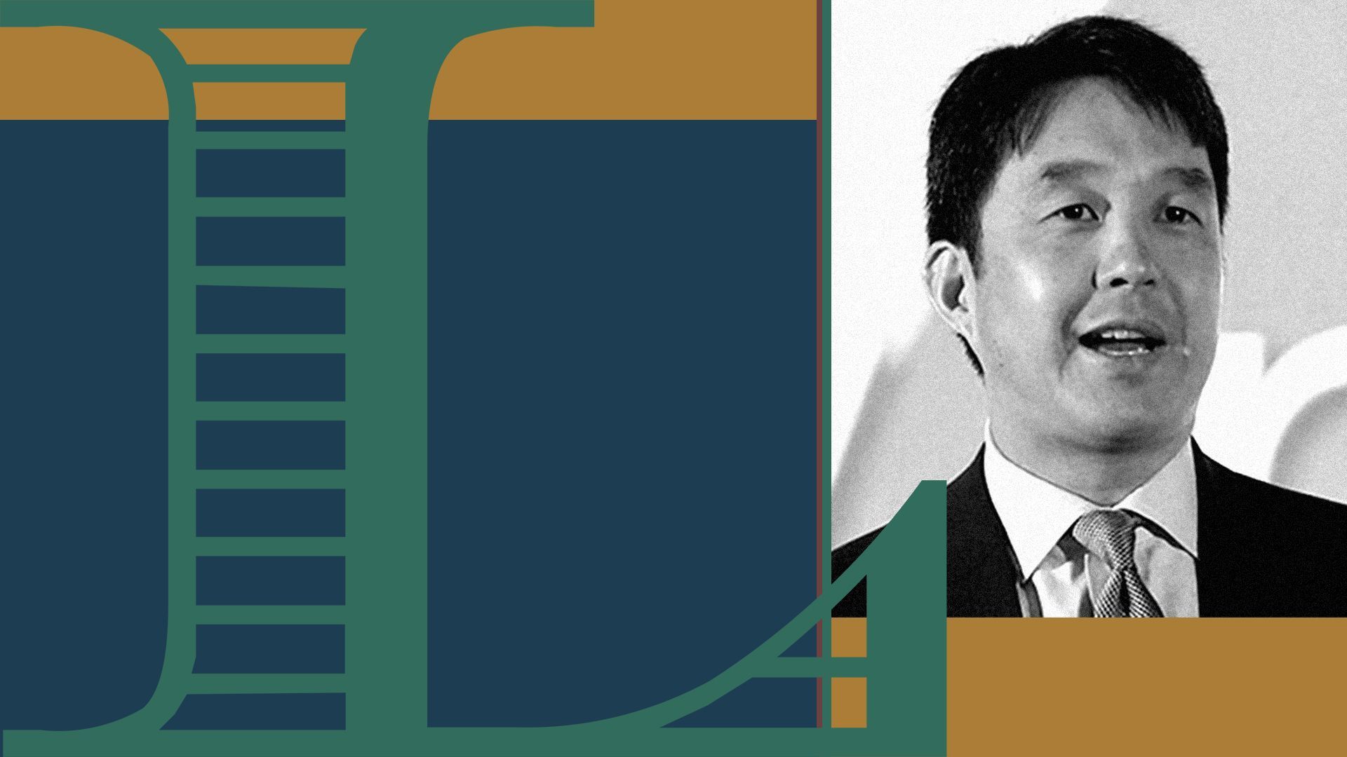 Photo illustration of Scott Hsu next to the L from the Lowercarbon Capital logo and blocks of colors.