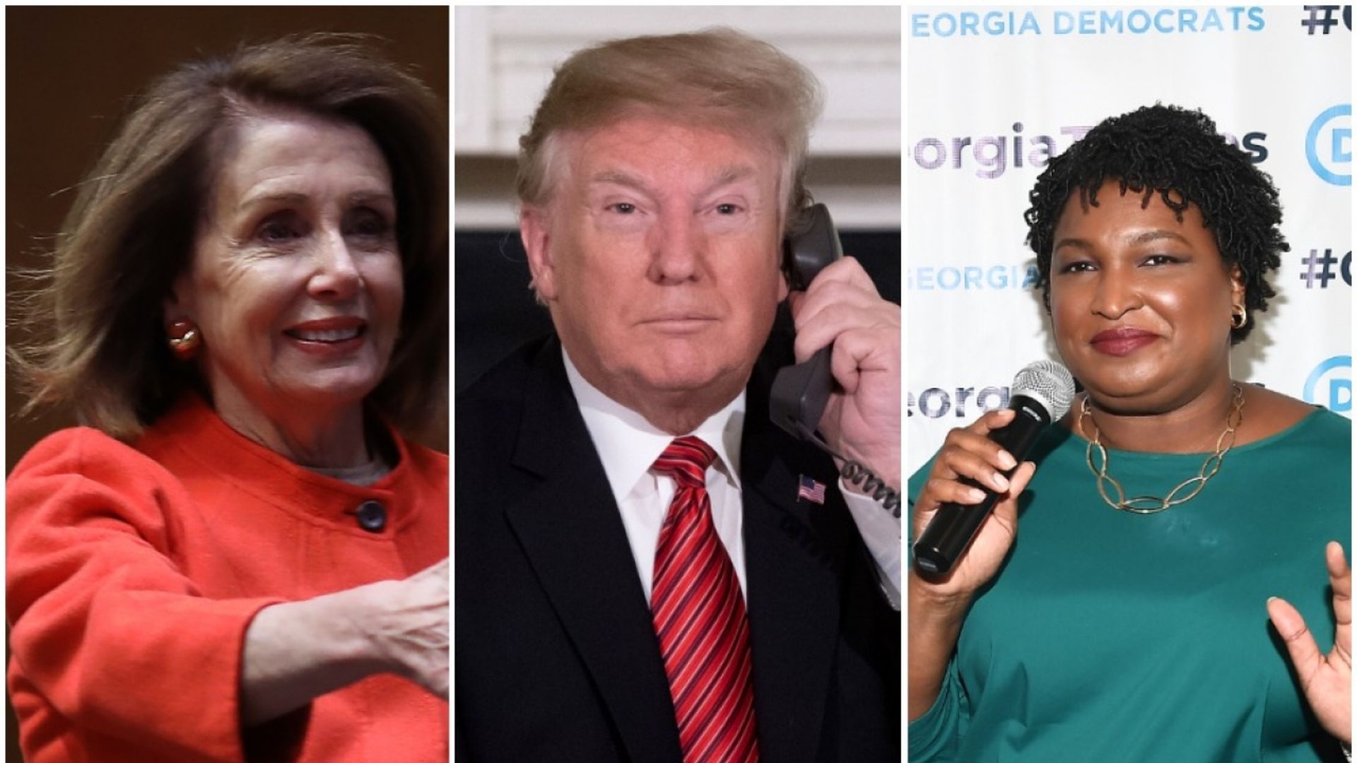 Pelosi, Trump, Abrams in split screen.