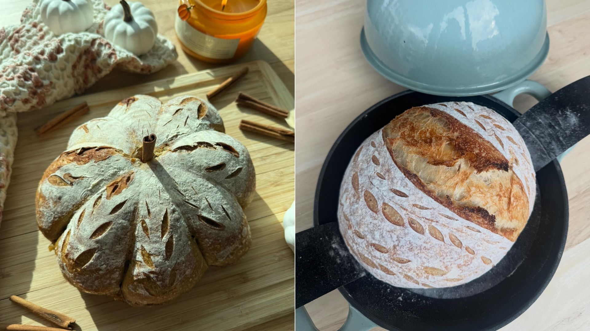Two-panel bread scene: left shows a flour-dusted pumpkin-shaped loaf on a wooden board with cinnamon sticks and small pumpkins; right shows a golden-brown loaf with scoring in a bread oven