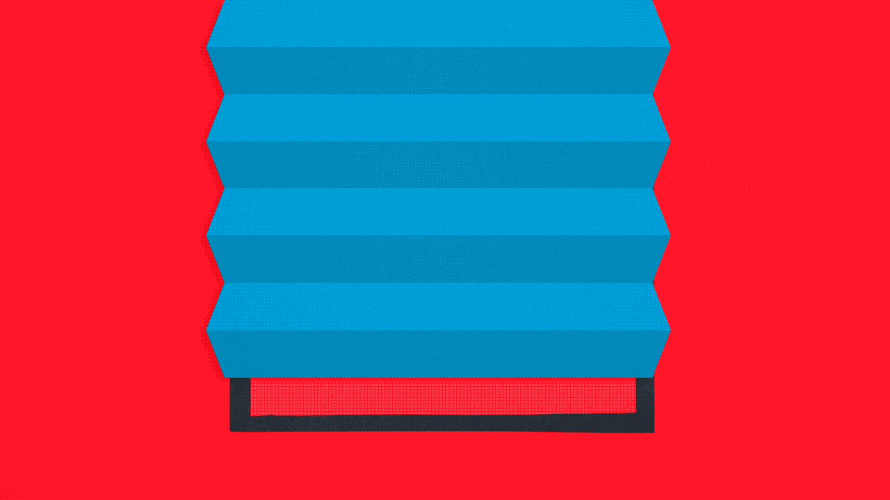 Illustration of a blind raising and lowering over a skull and crossbones