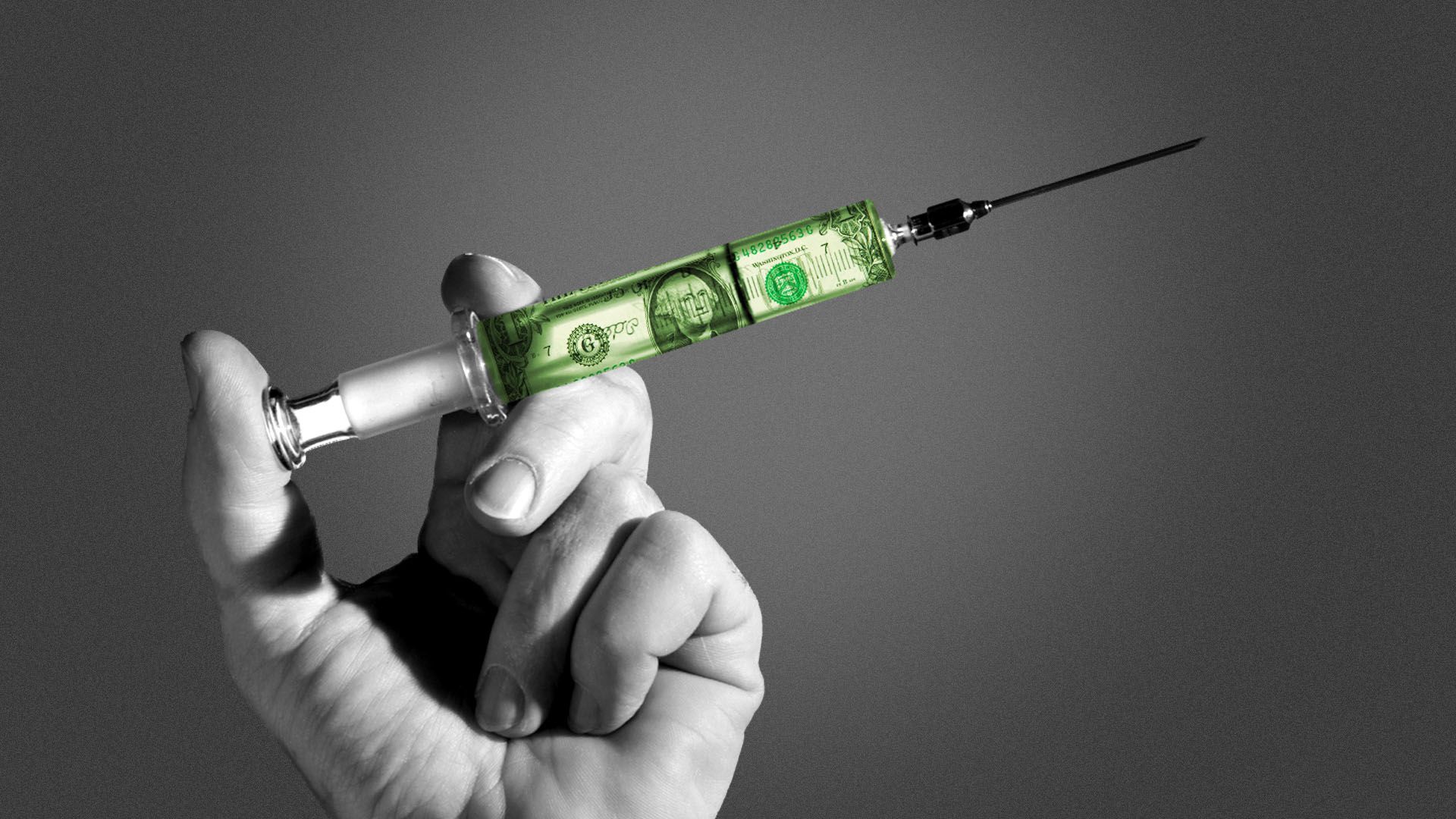 Illustration of a hand on a syringe with a dollar bill inside