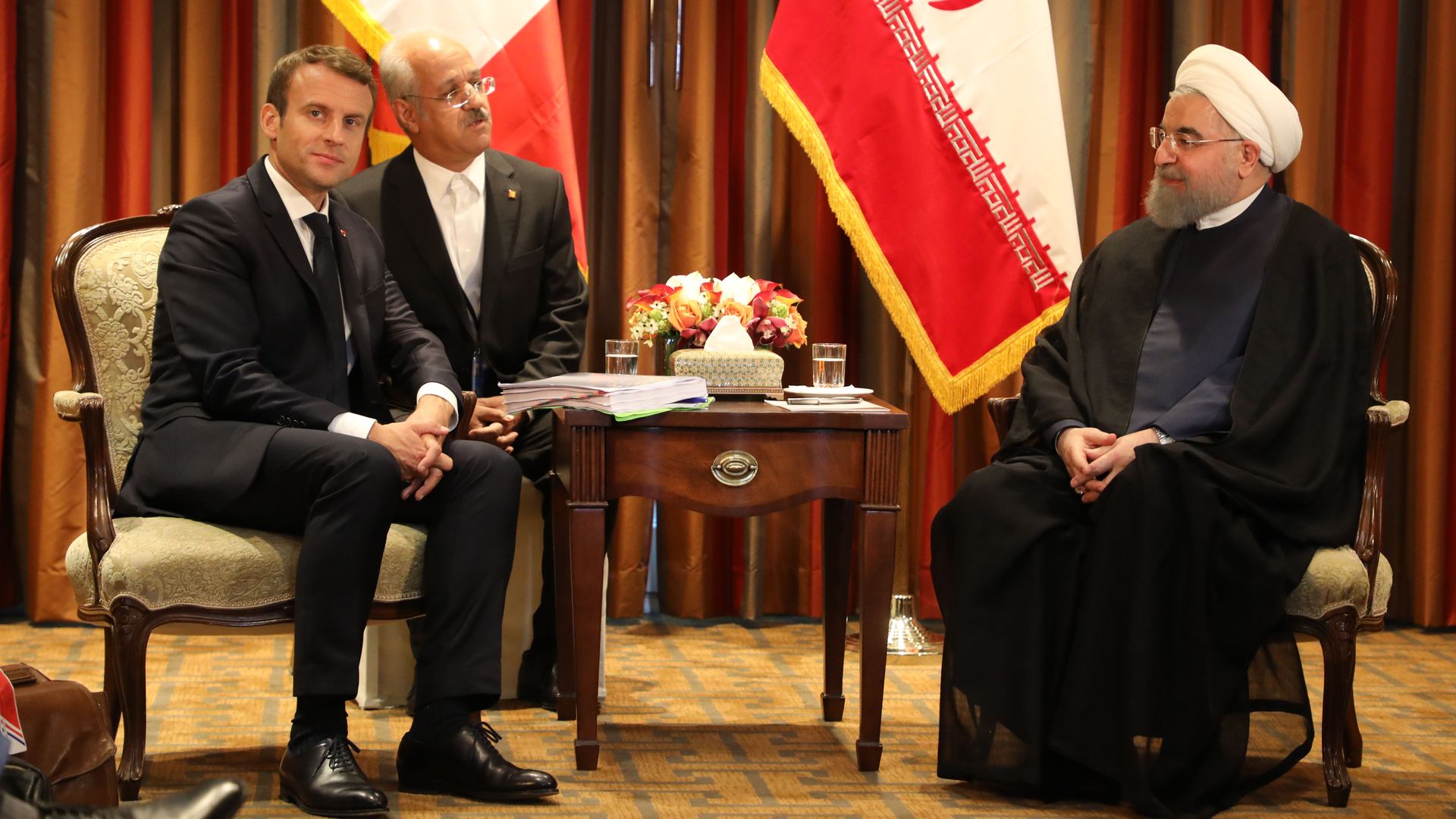 Macron meets with his Iranian counterpart Hassan Rouhani (R) in New York on September 18, 2017, as world leaders gathered in the United States for the UN General Assembly.