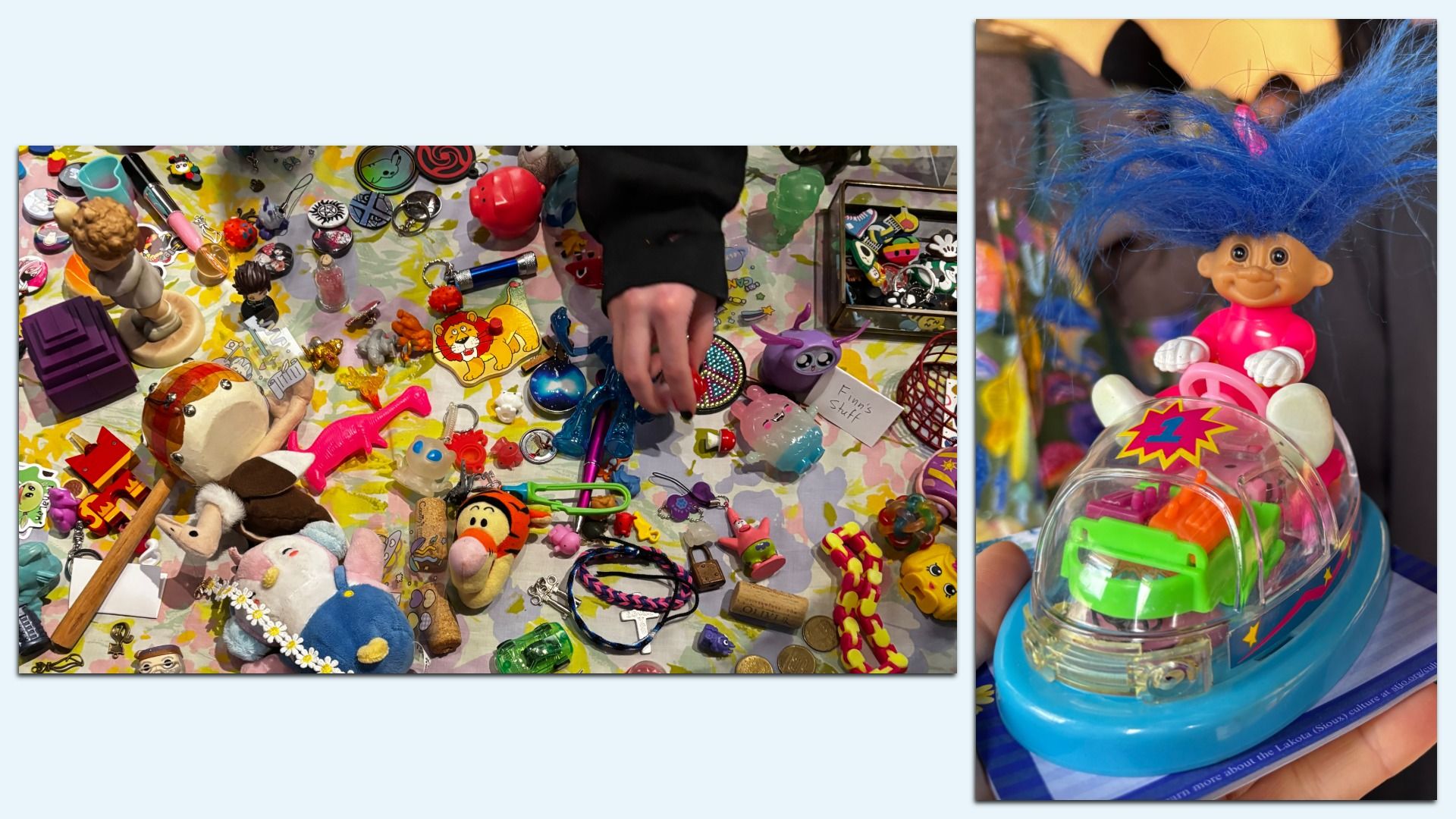 A table full of trinkets and a troll doll