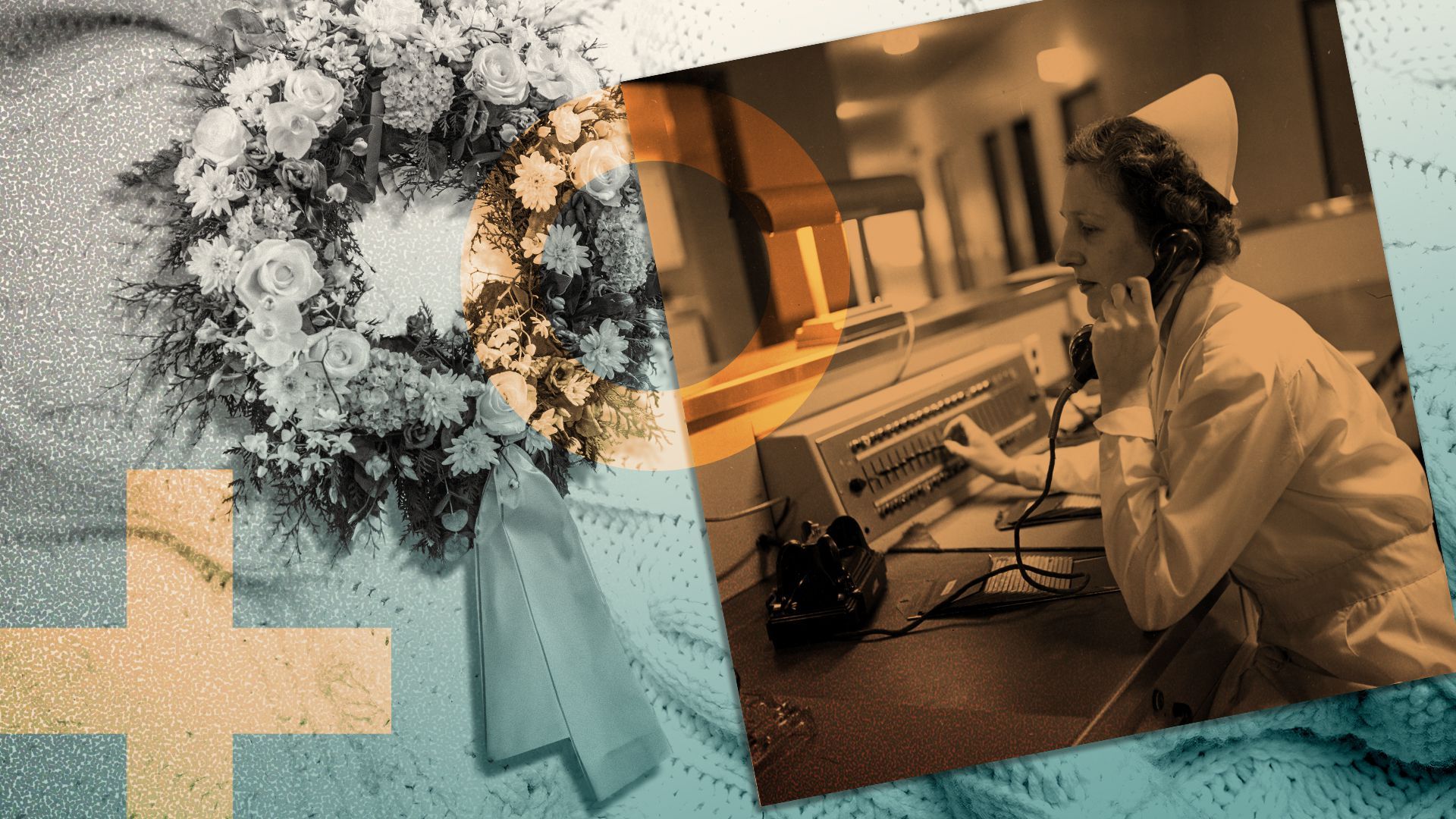 Photo illustration of a photograph of a nurse on a phone with a wreath and knit sweater texture in the background.