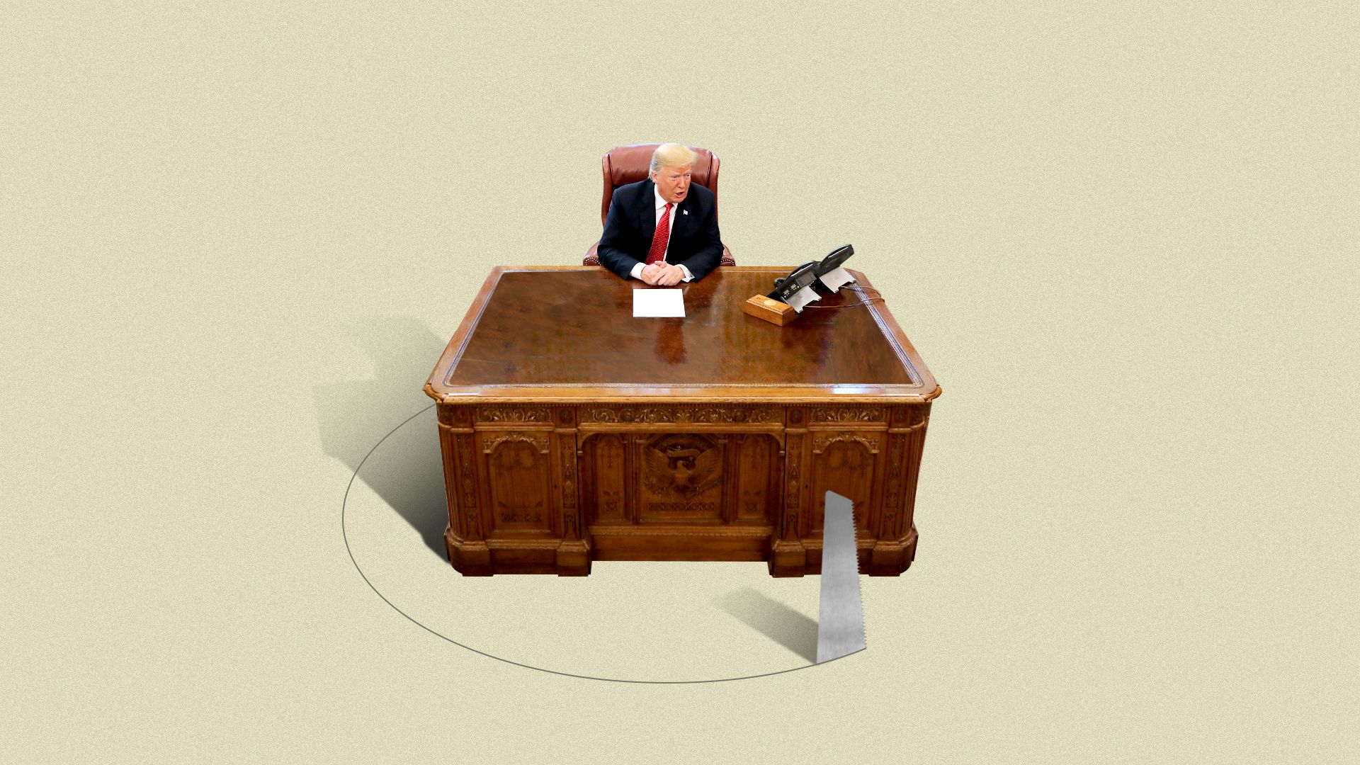 Illustration of President Trump sitting at his desk, a saw is cutting a circle around the desk. Illustration of President Trump sitting at his desk, a saw is cutting a circle around the desk. 