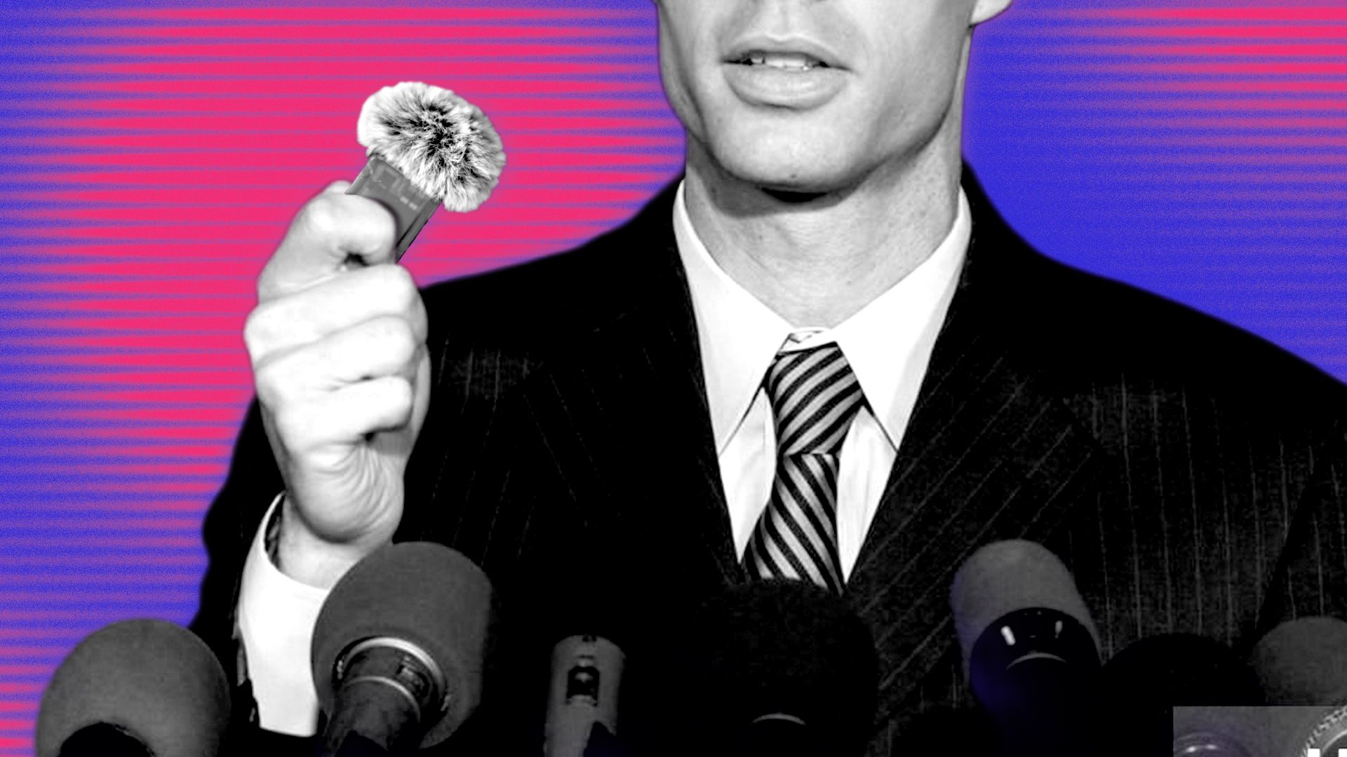 Illustration of a political candidate at a podium, holding a small lavalier microphone in his hand.