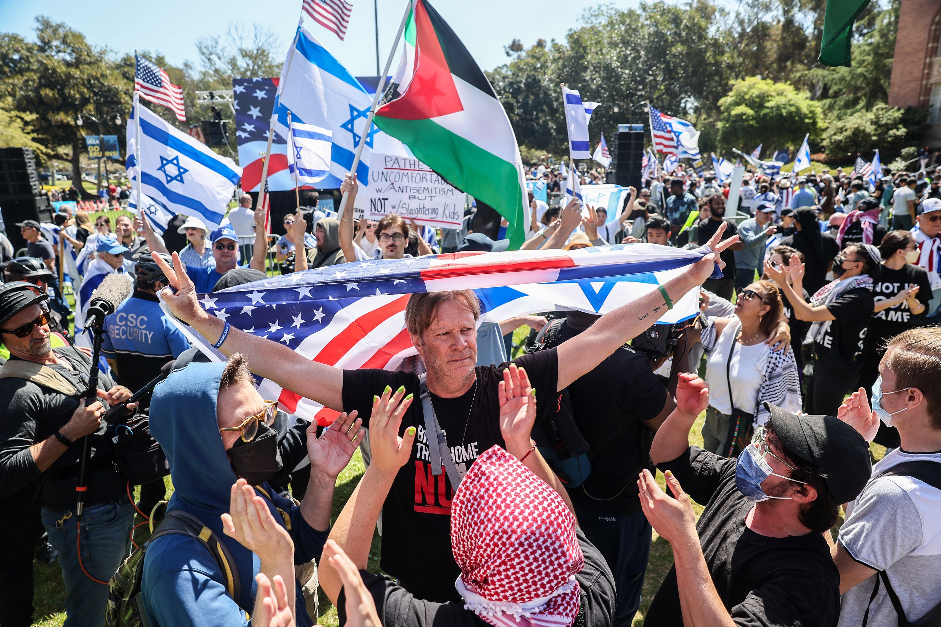 Dueling pro-Israel and pro-Palestine protesters clashed on UCLA's campus yesterday.