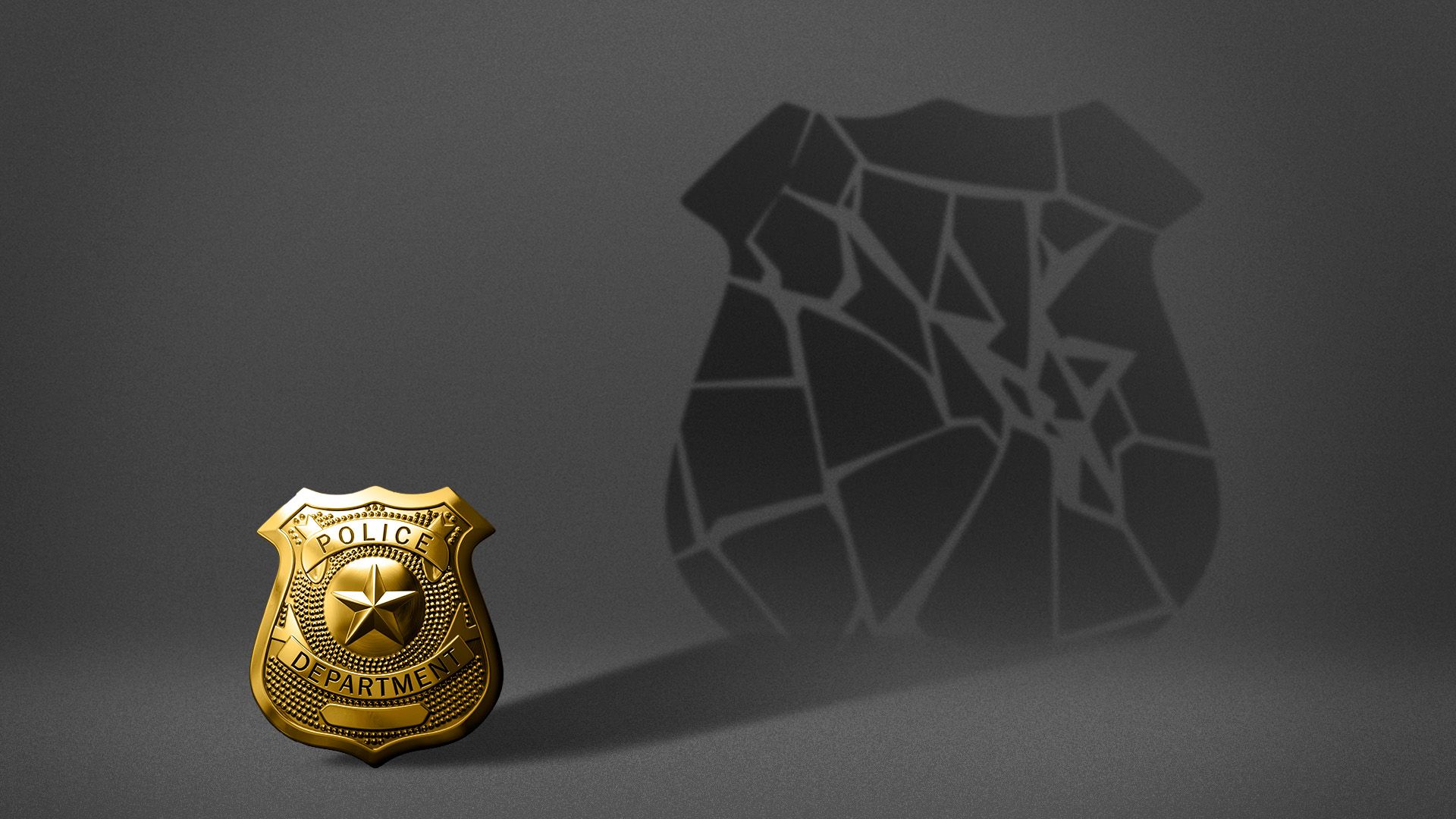 Illustration of a police badge casting a large, cracked shadow on a wall. 