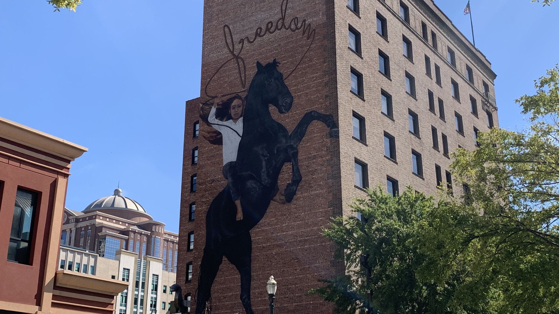 Photo a mural of a girl on a horse. 