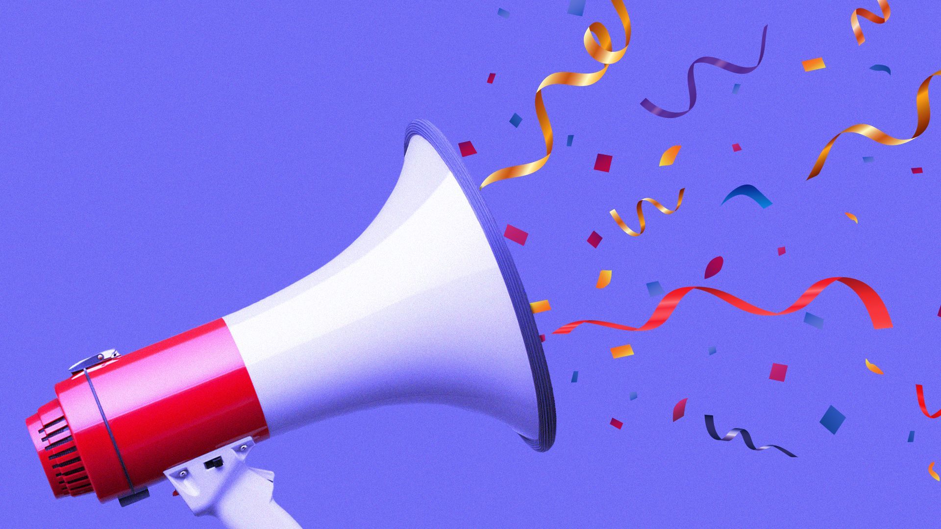 Illustration of ribbons and confetti coming out of a megaphone.