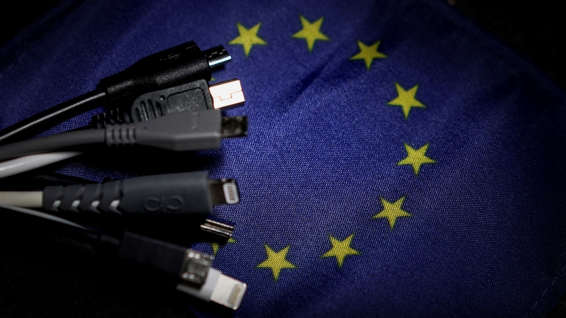 Several different types of charging chords against an EU flag.