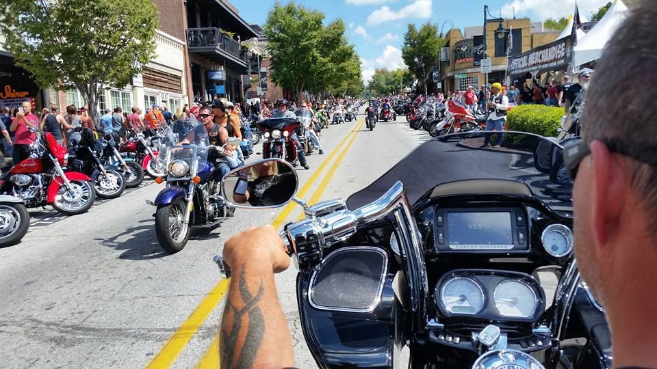 Motorcyclists line the streets at Bikes, Blues, and BBQ in Arkansas. 