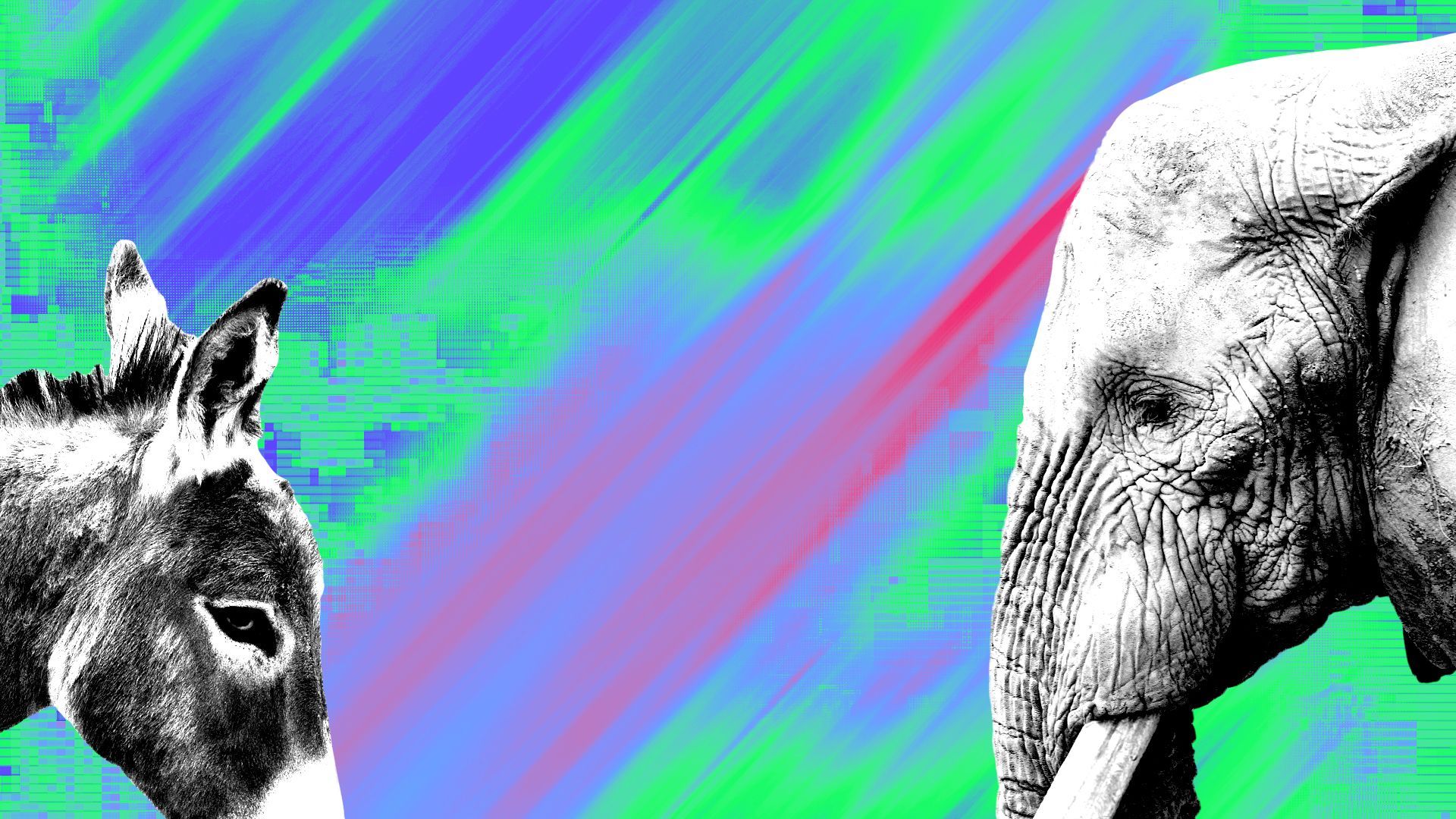 Illustration of a donkey and an elephant facing each other over a background of digtal glitch textures making a faint Z.