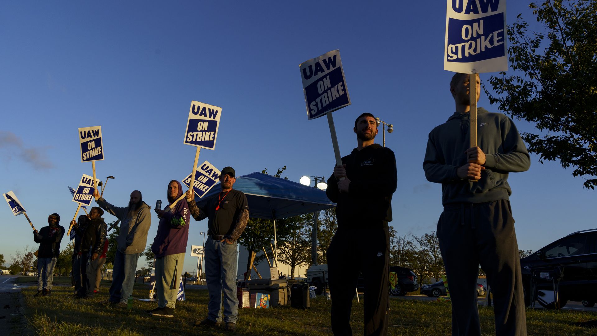 Factory workers and UAW union members picket outside the Ford Motor Co. Kentucky Truck Plant on October 14, 2023 in Louisville, Kentucky. 