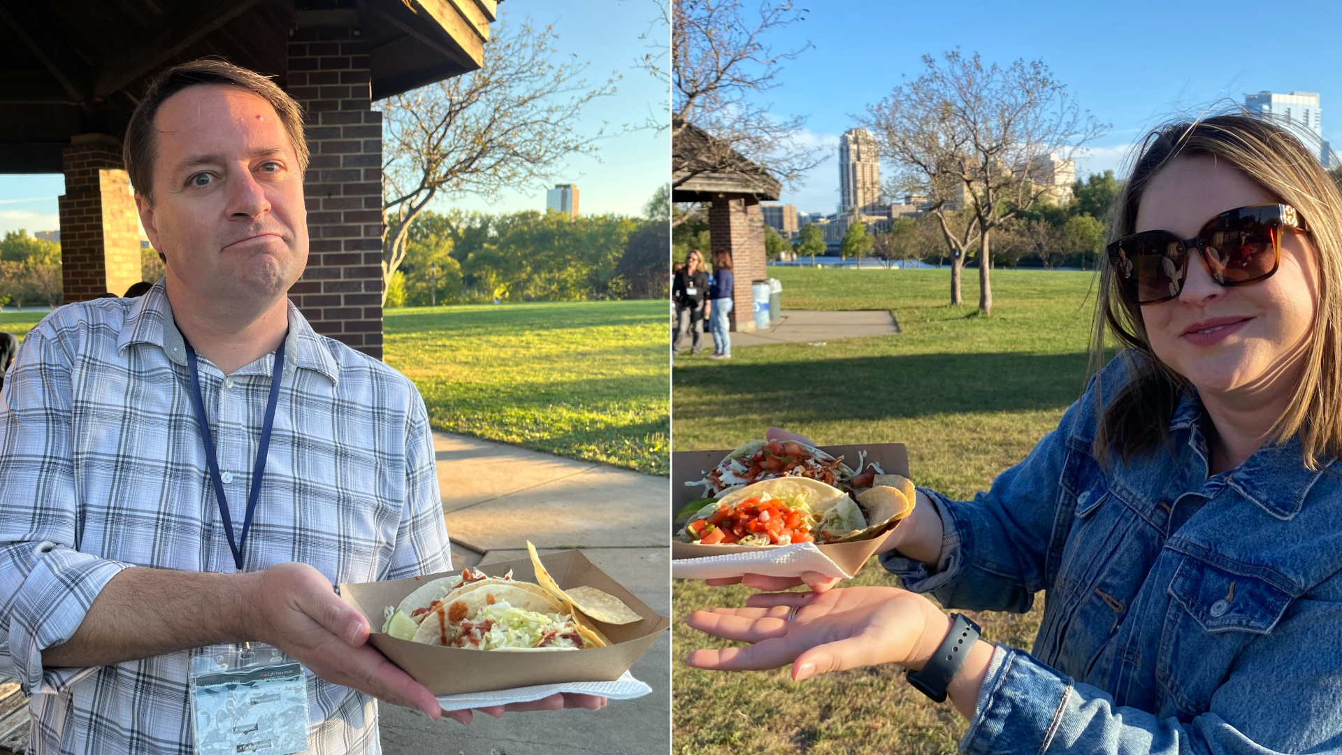 Side by side photos of two people with tacos.