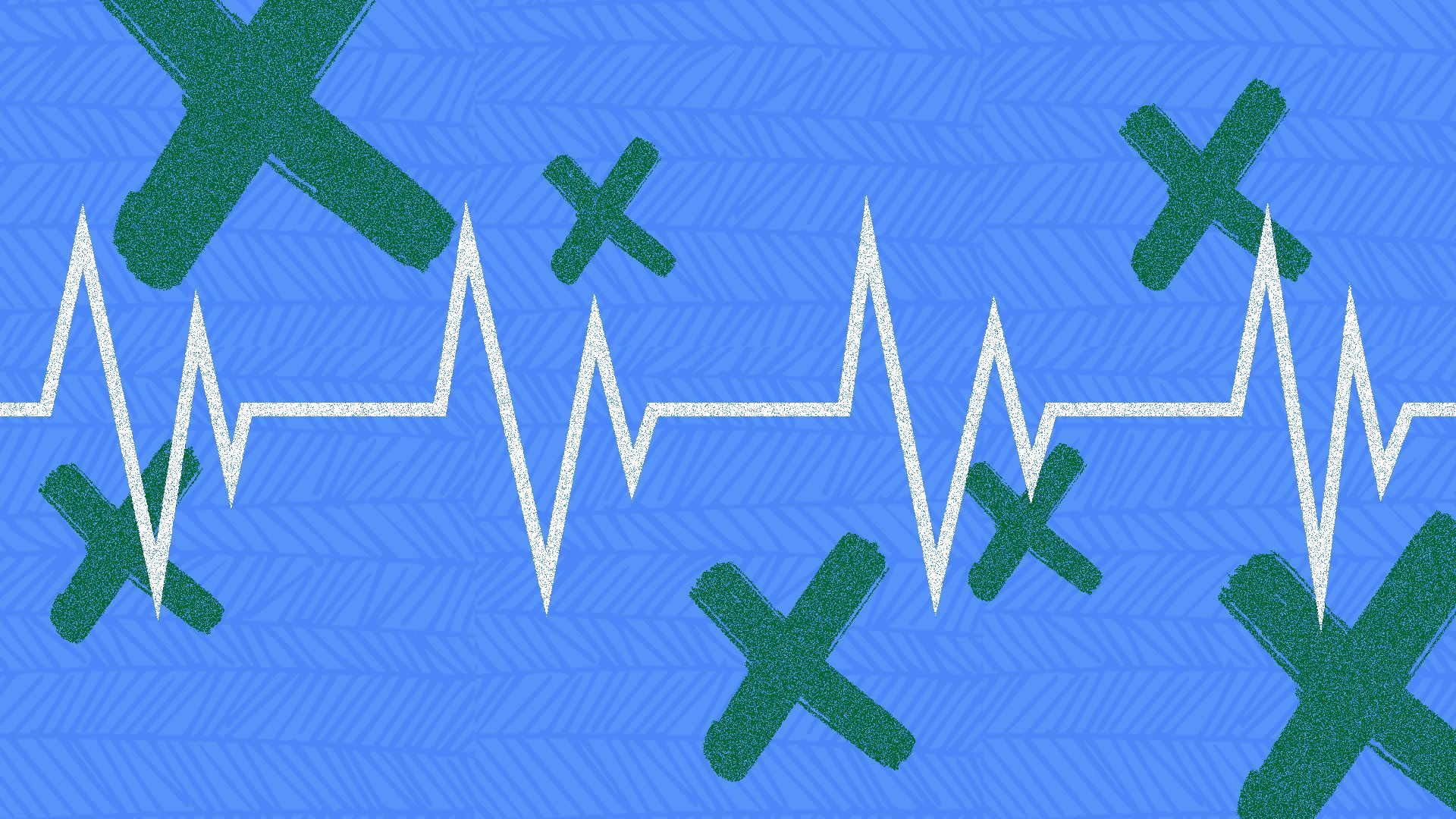Illustration of an EKG surrounded by X's