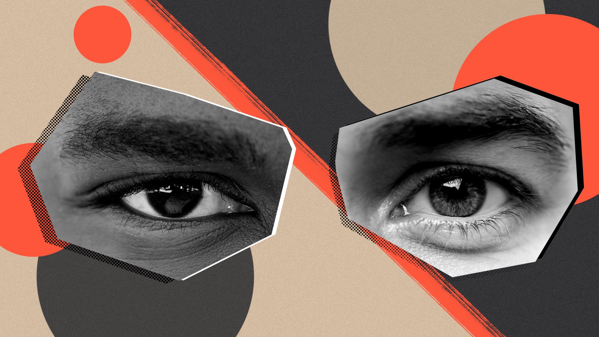 Illustrated collage of two eyes from different people surrounded by circles and lines. 