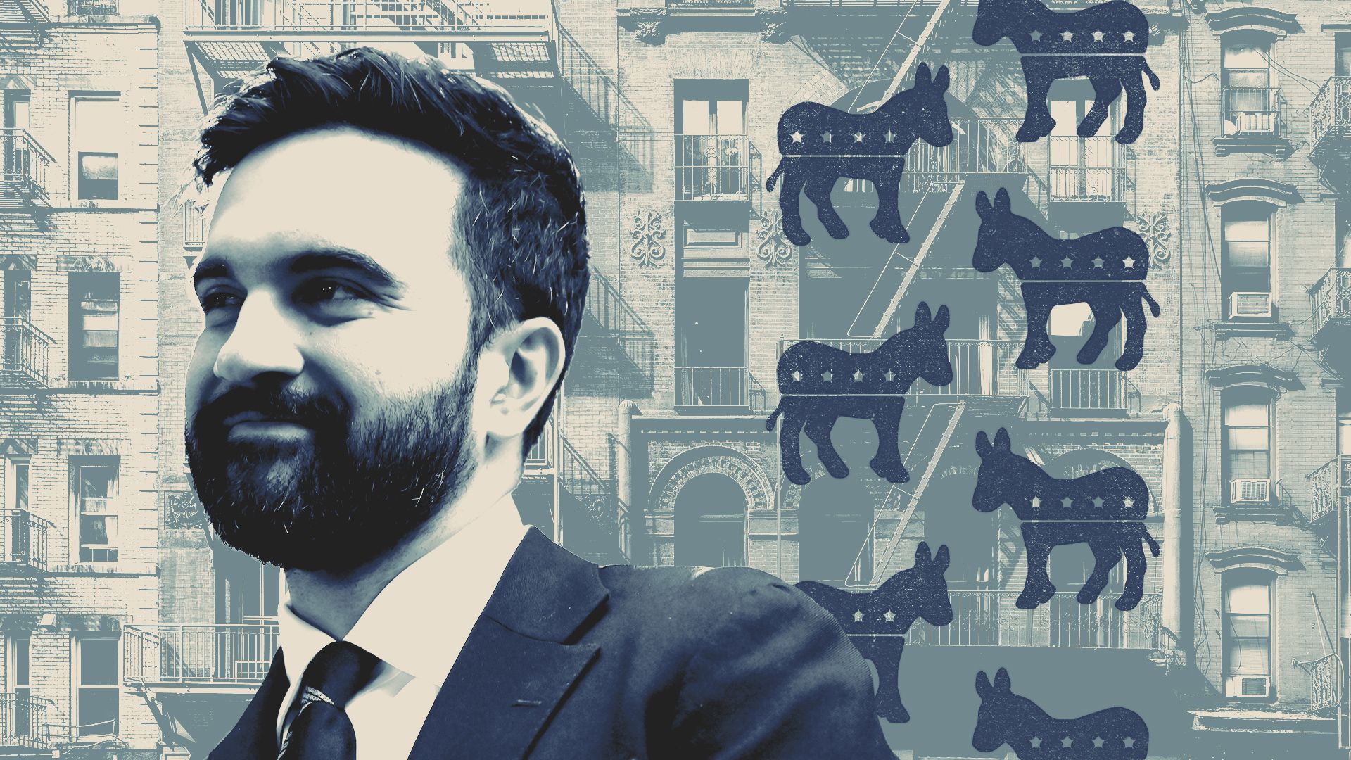Photo illustration of Zohran Mamdani over a background featuring Manhattan buildings and two rows of Democrat donkey logos facing each other.