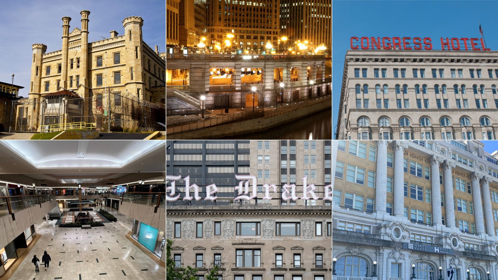 Collage of urban architecture: fortress-like stone building, night-lit riverfront with stairs, red Congress Hotel sign, interior mall space, The Drake neon sign, and ornate historic façades.