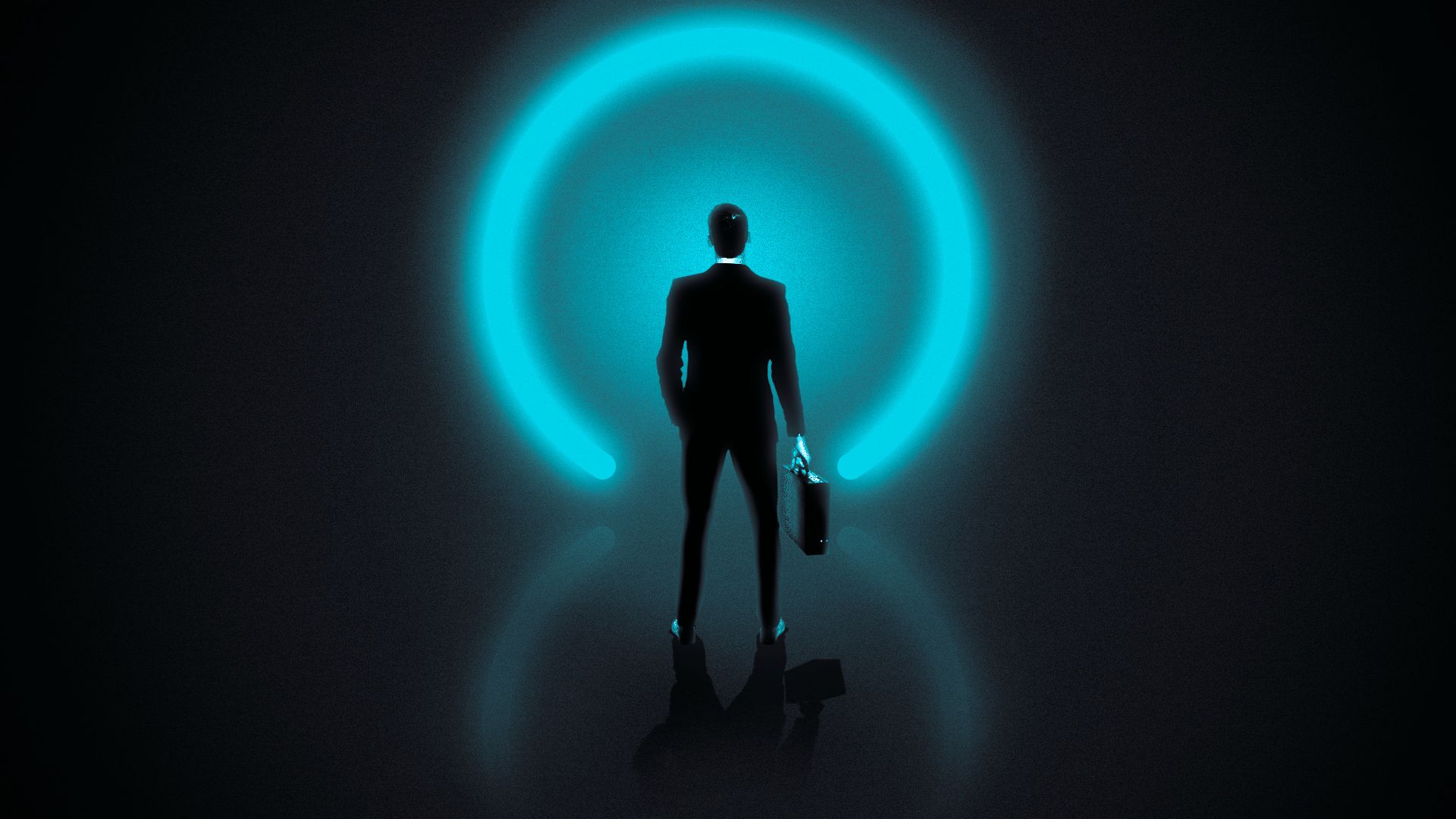 Illustration of a long worker figure staring into a futuristic ring, with the reflection of the ring and the person creating a power symbol shape. 