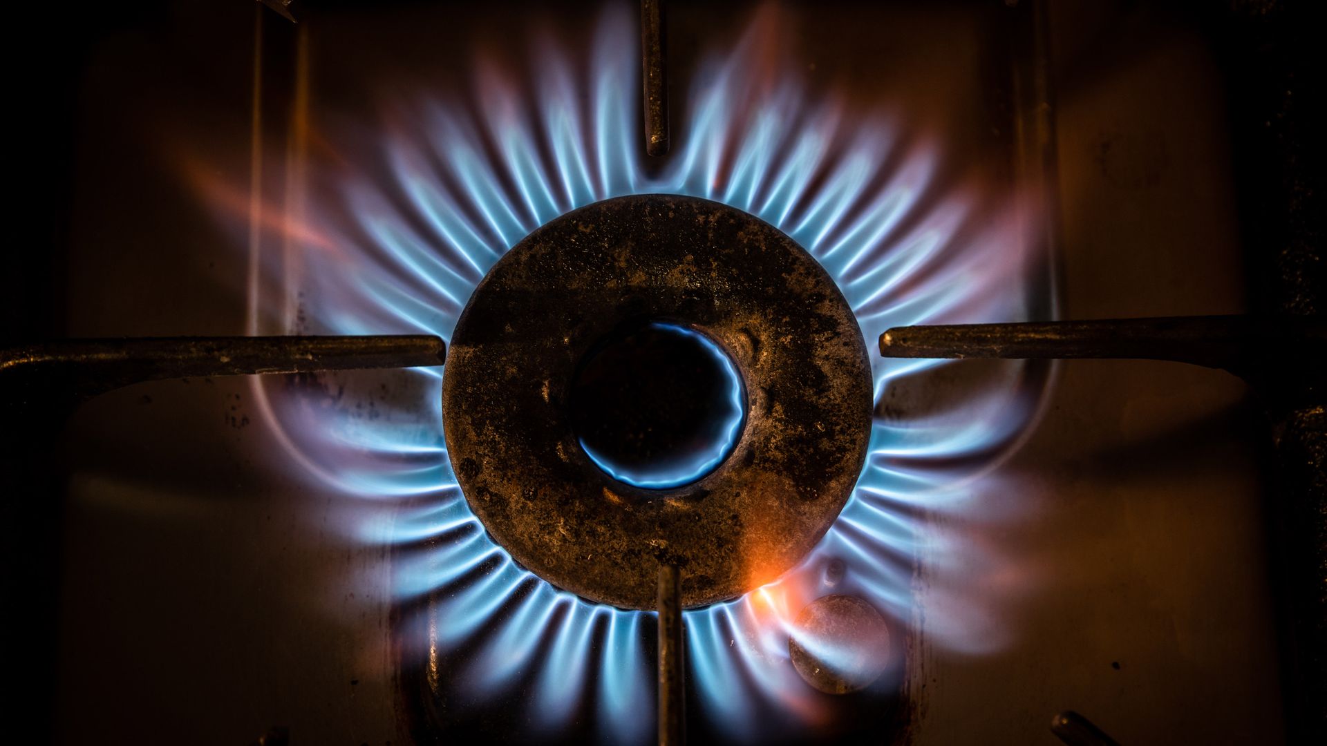 Gas burns on a domestic oven hob in Spain.