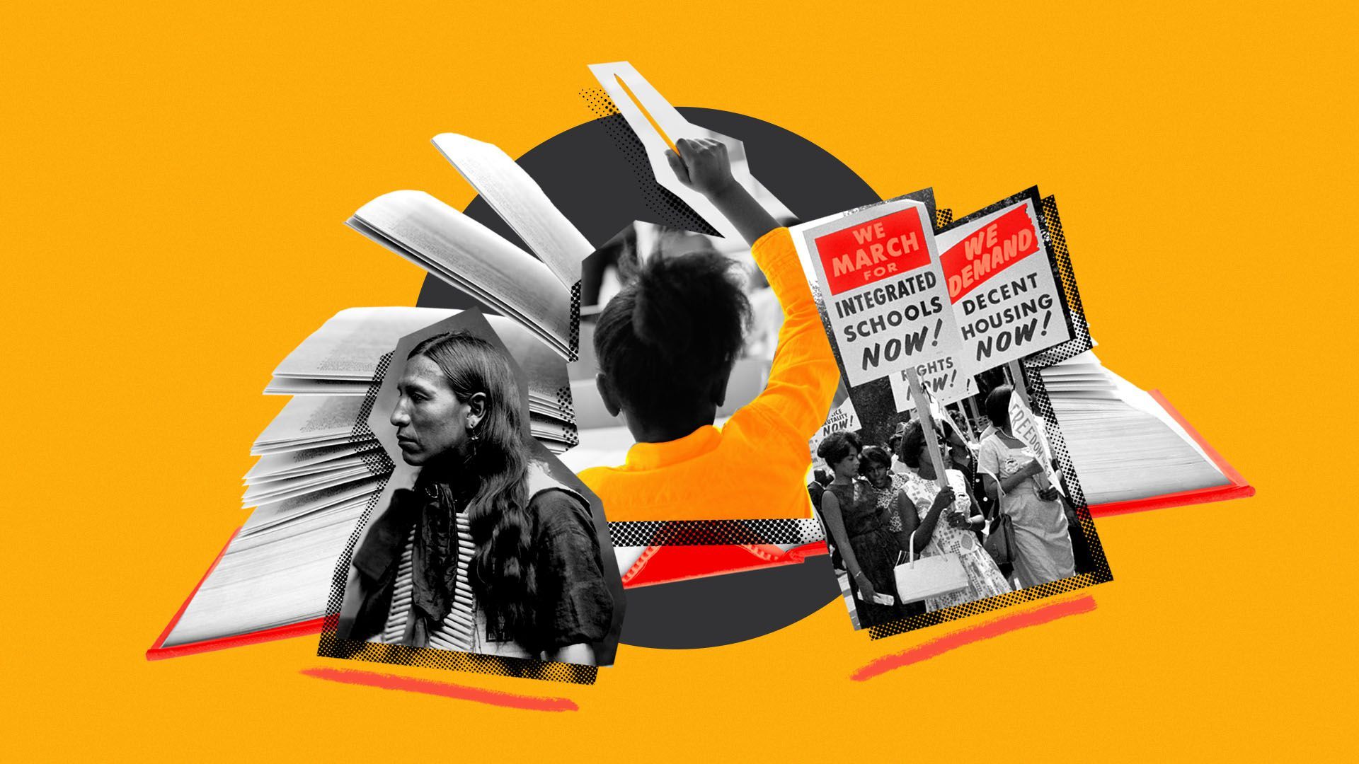 Photo illustration of an open book surrounded by a photographs of a Native American from 1899, a civil rights march from 1963, and a little girl raising her hand in a classroom
