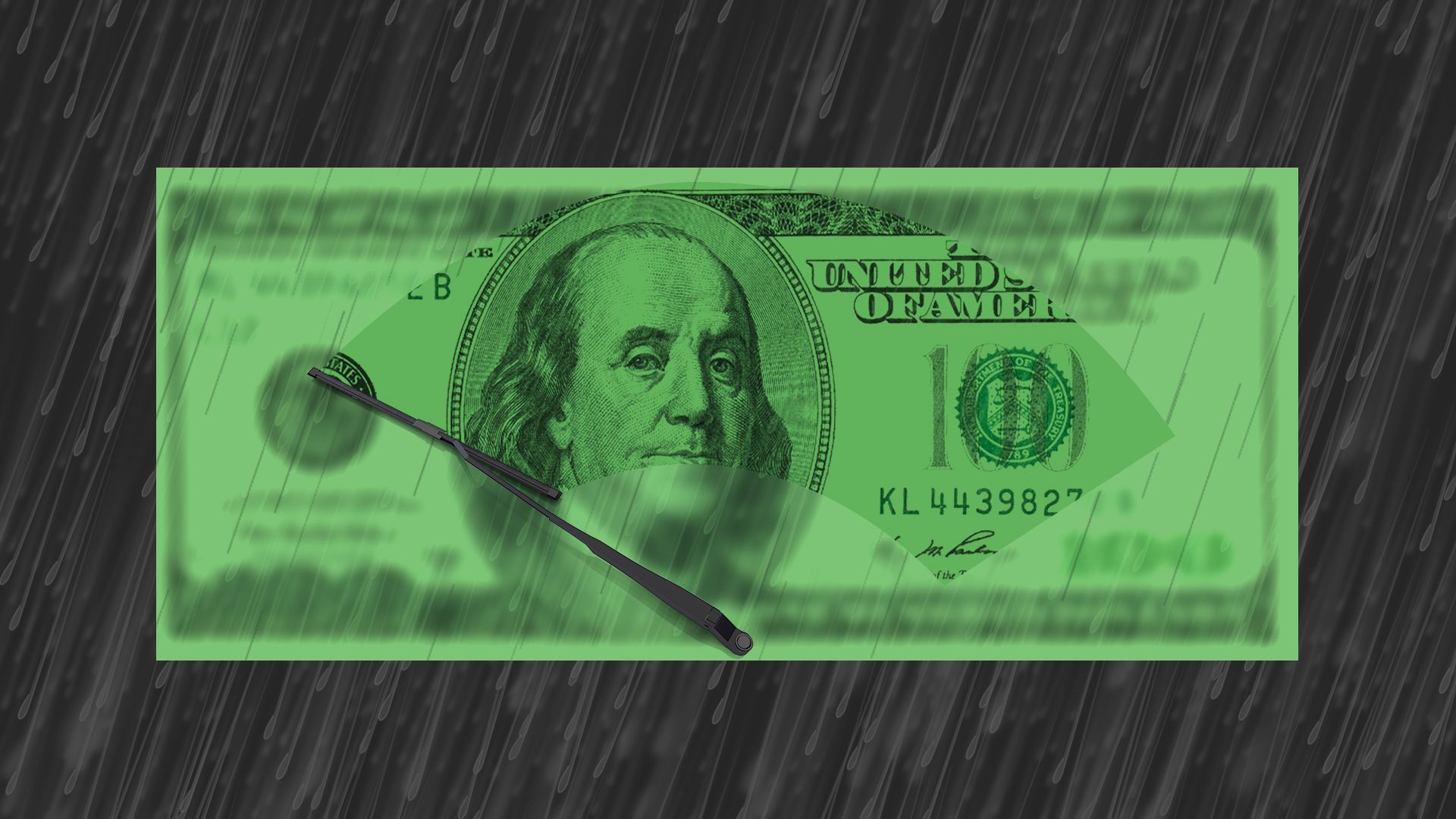 Illustration of a hundred dollar bill in the rain with the rain on the bill being wiped away.