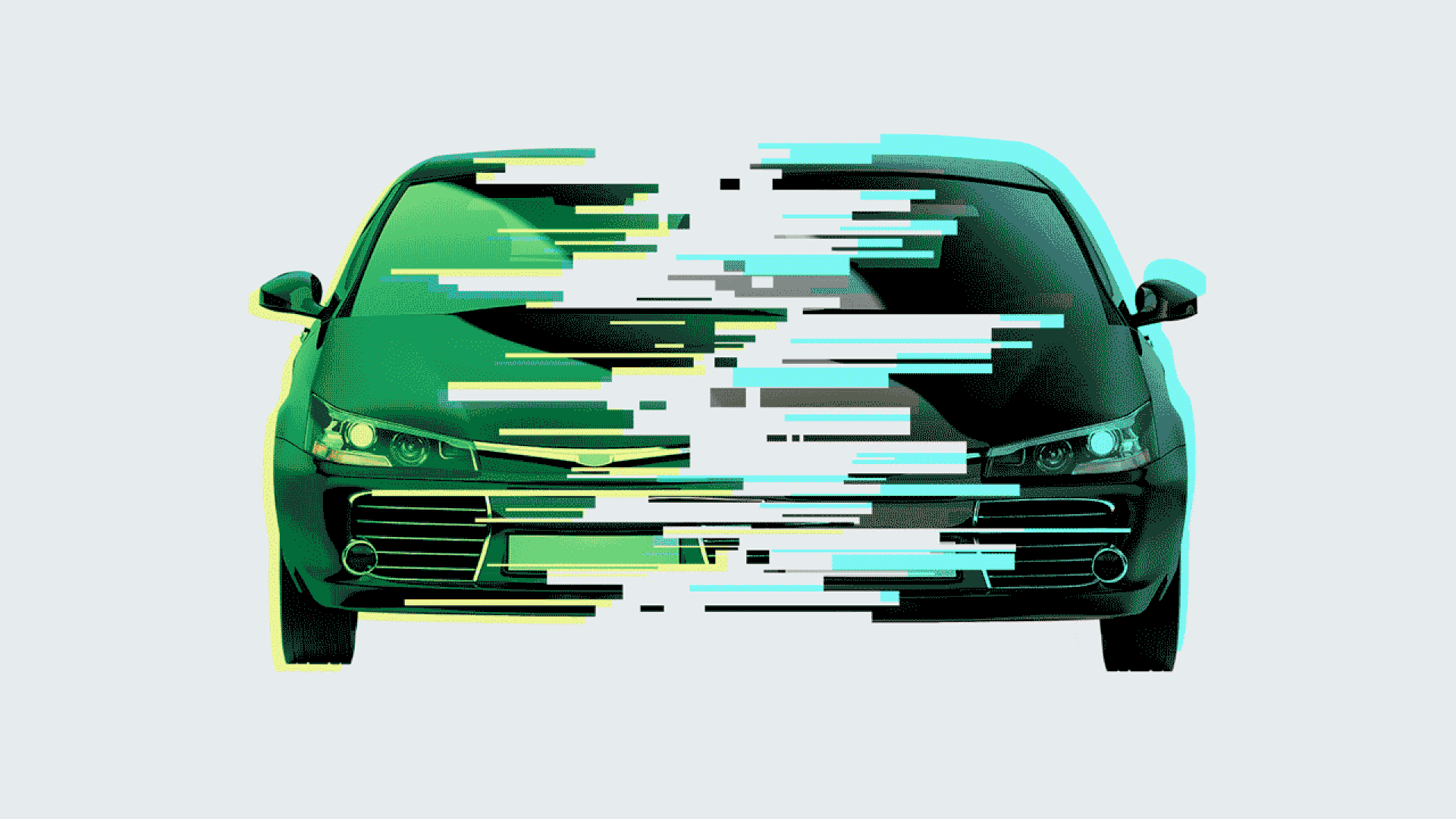In this animated illustration, two halves of a sedan repeatedly fuse together in a blue and green light.