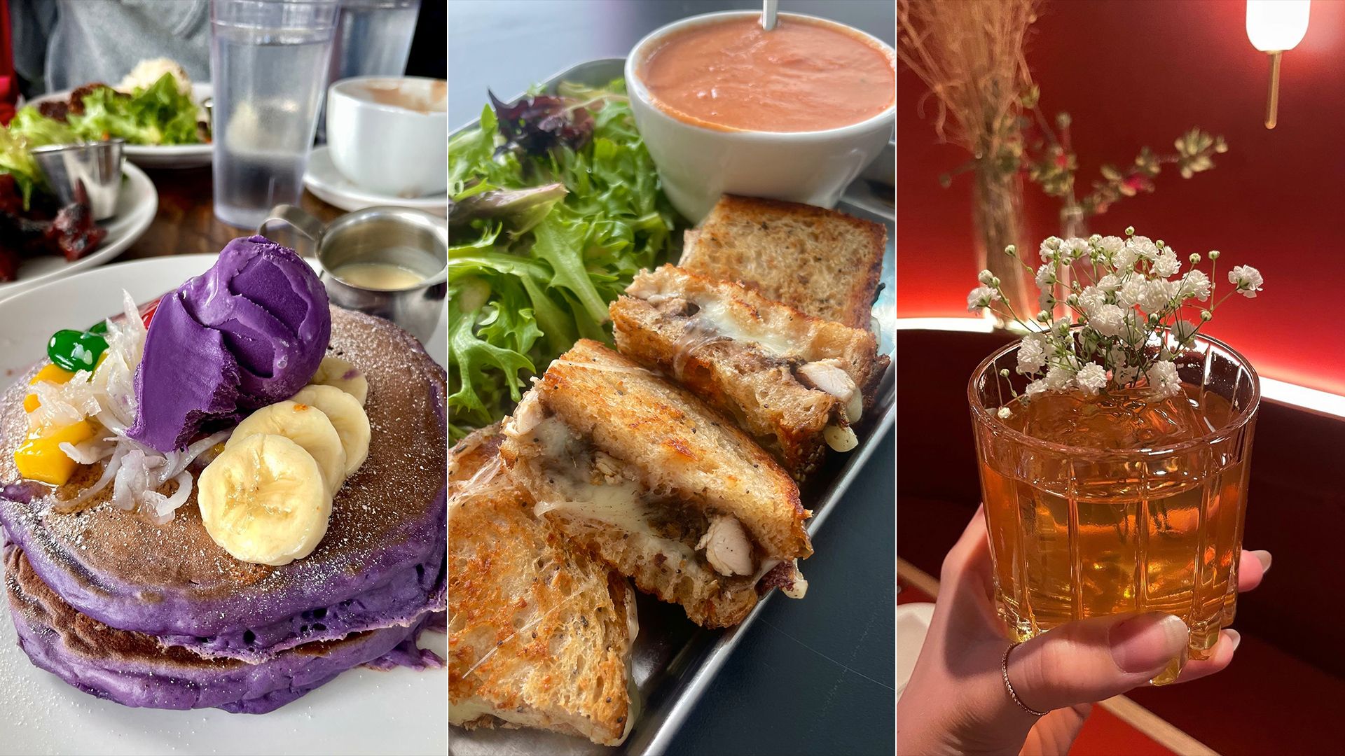 Three photos side by side: Purple pancakes, a grilled cheese sandwich and a brown cocktail with baby's breath on top.