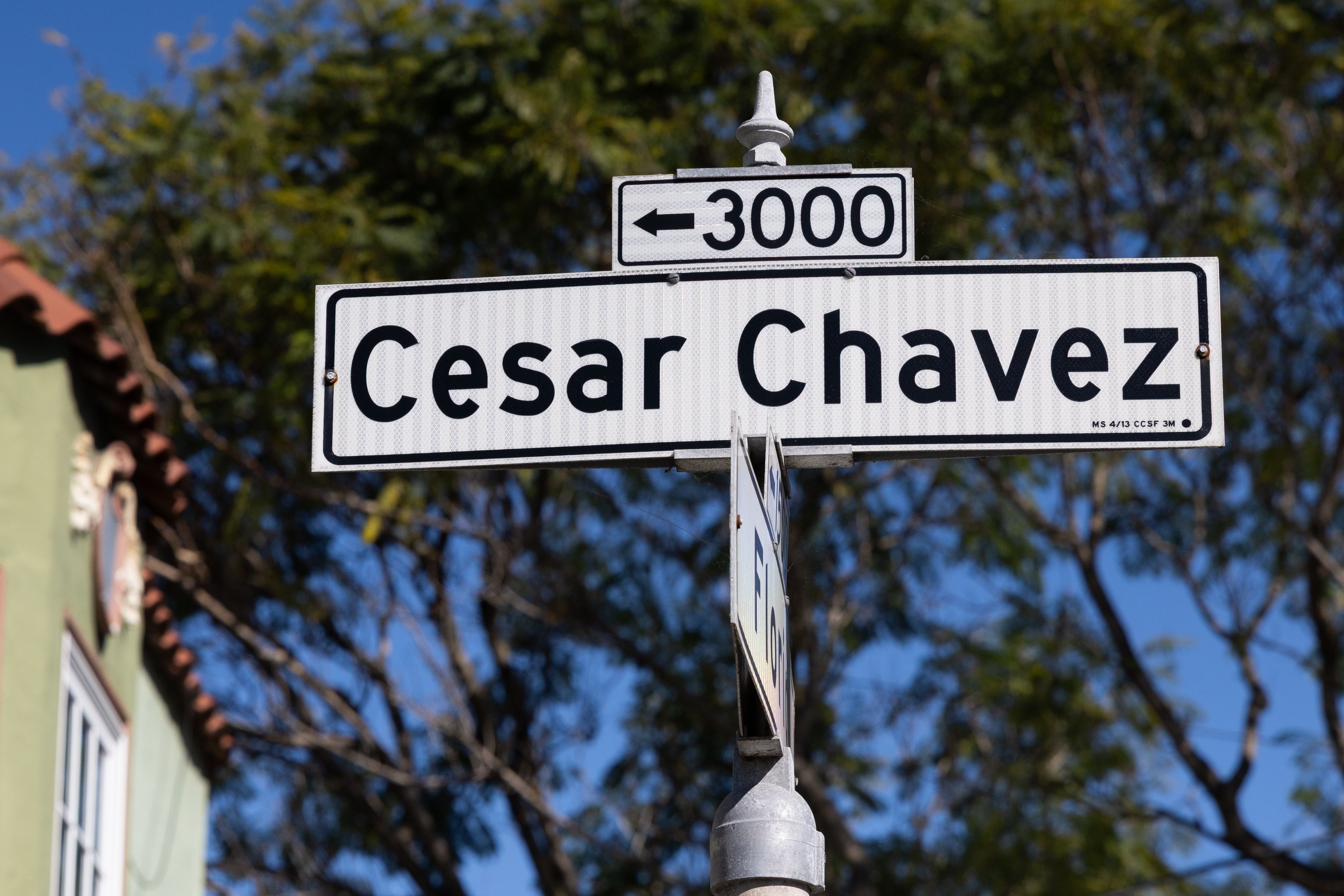 Street sign reading "Cesar Chavez" on a metal pole, with a smaller sign showing the left arrow and 3000, set against a blue sky and leafy trees.