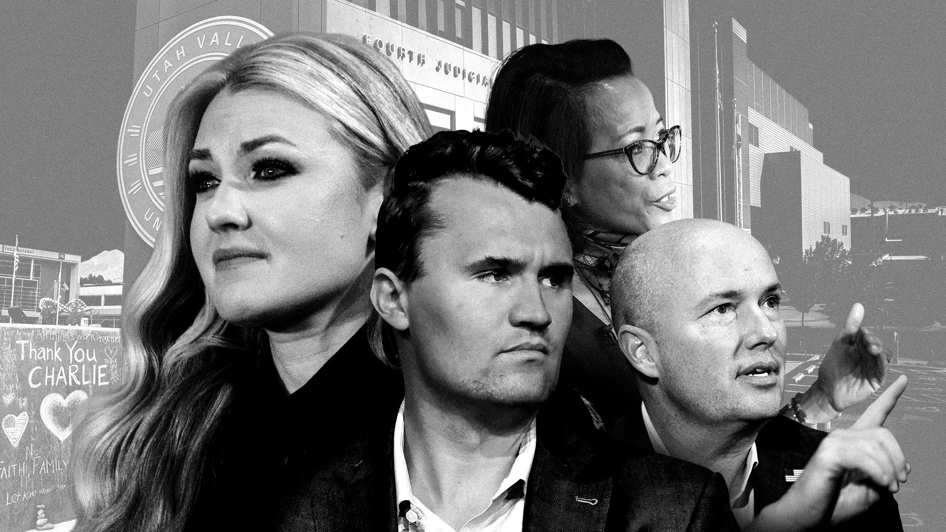 Photo illustration of Charlie Kirk, Erika Kirk, former Utah Valley University President Astrid Tuminez, Utah Gov. Spencer Cox, Utah Valley University, and the Fourth Judicial District Courthouse