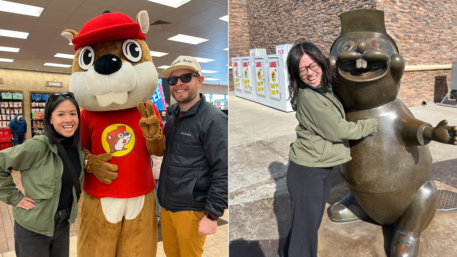 Two photos of Linh Ta with Buc-ee