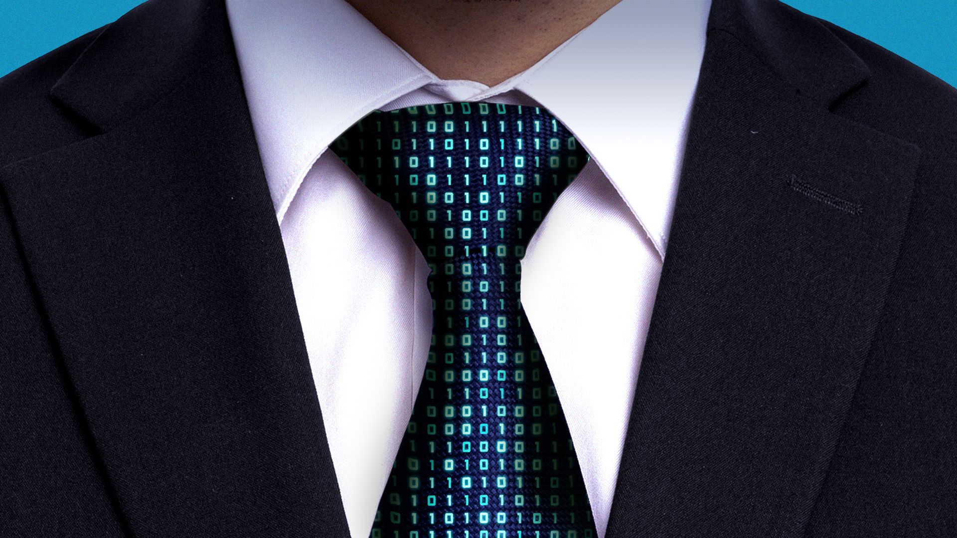 Illustration of a businessman wearing a tie with binary code overlayed on the tie.
