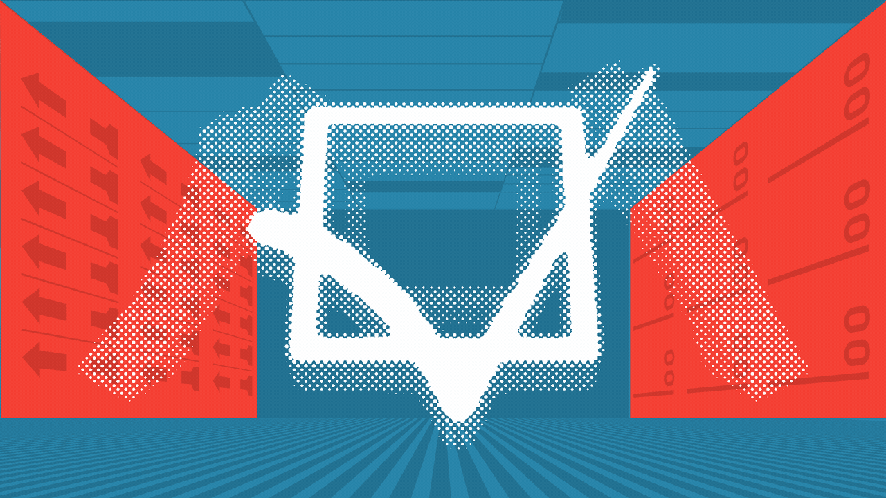 Animated illustration of the state of Minnesota rotating to reveal a checkmark over a divided red and blue background with elements of ballots.
