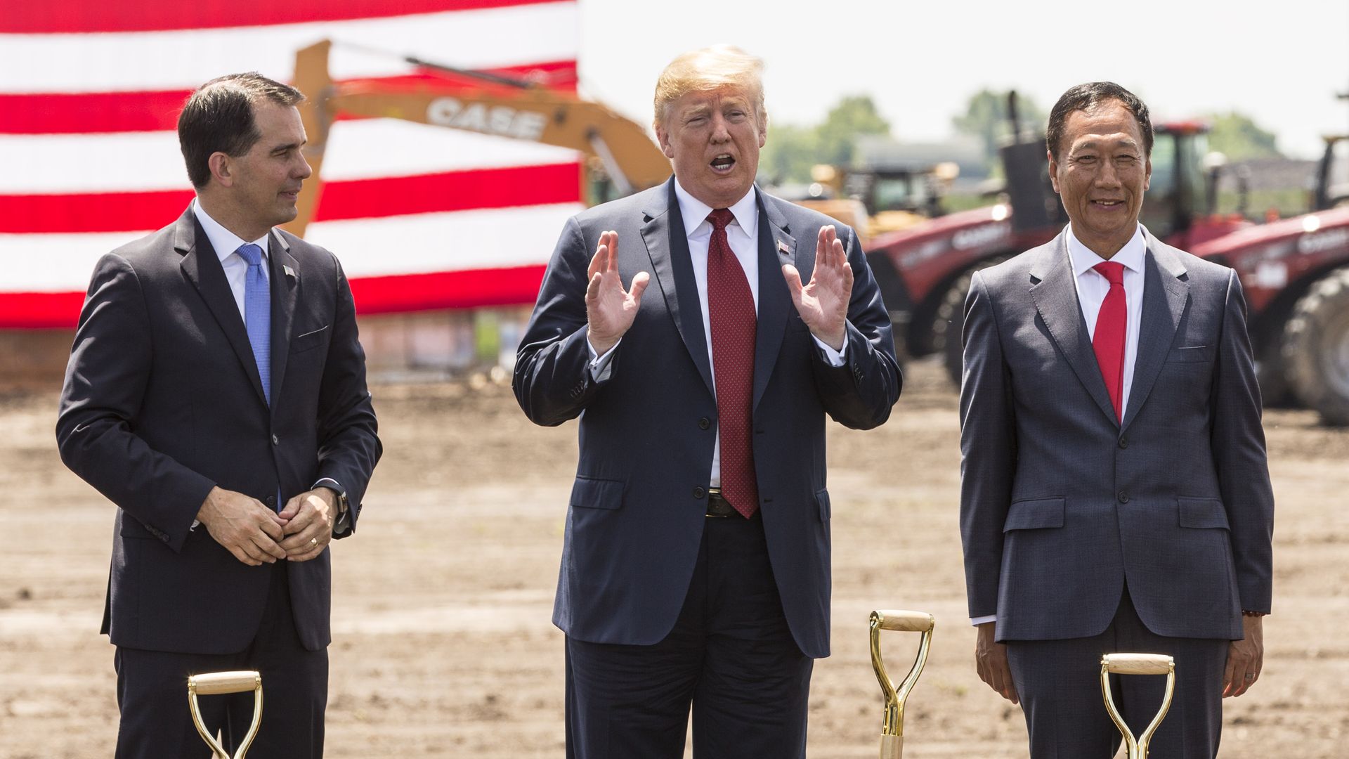 Then-President Trump speaks at the groundbreaking of Foxconn's plant in Mount Pleasant, Wisconsin. The factory never fully materialized.