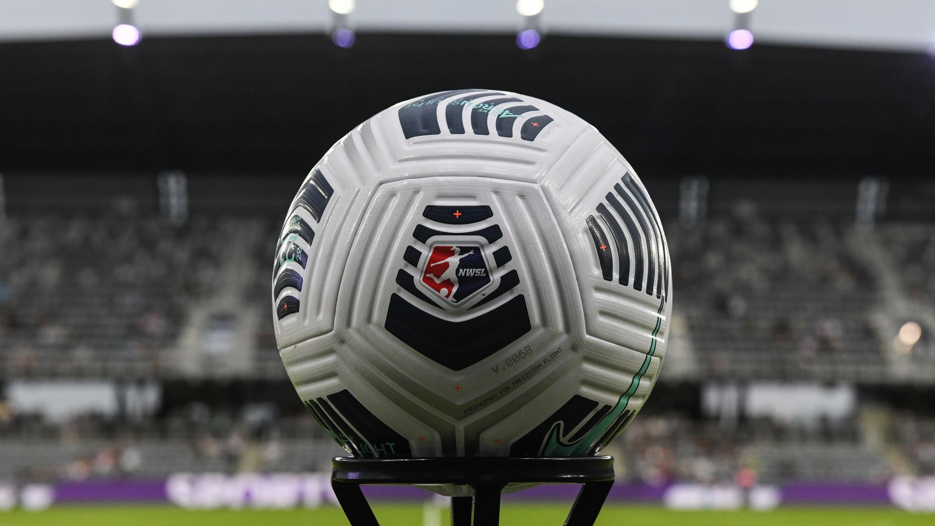 The official game ball awaits the match before a game between OL Reign and Racing Louisville FC at Lynn Family Stadium on September 4, 2021 in Louisville, Kentucky